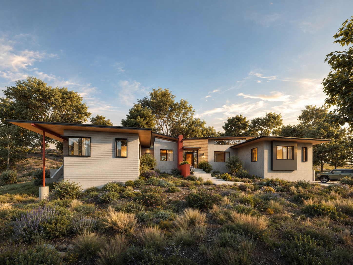 Modern house with a unique roof design, large windows, and a mix of wood and concrete exterior, set amidst trees under a clear blue sky.