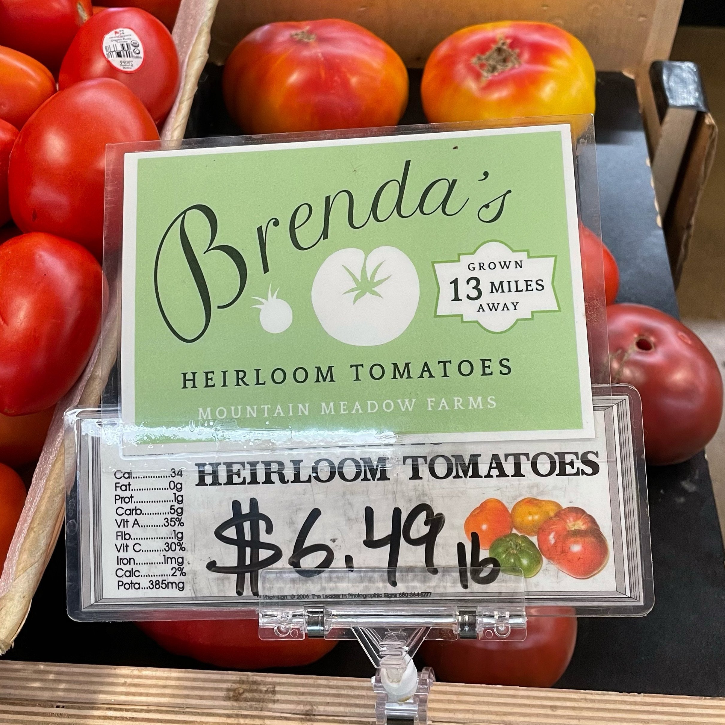 Brenda's Heirloom Tomatoes labels at the High Country Health Food Store in Mariposa, CA
