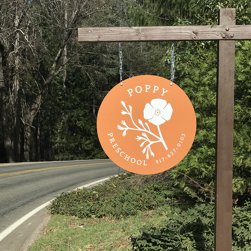 Poppy Preschool road sign in Nevada City, CA