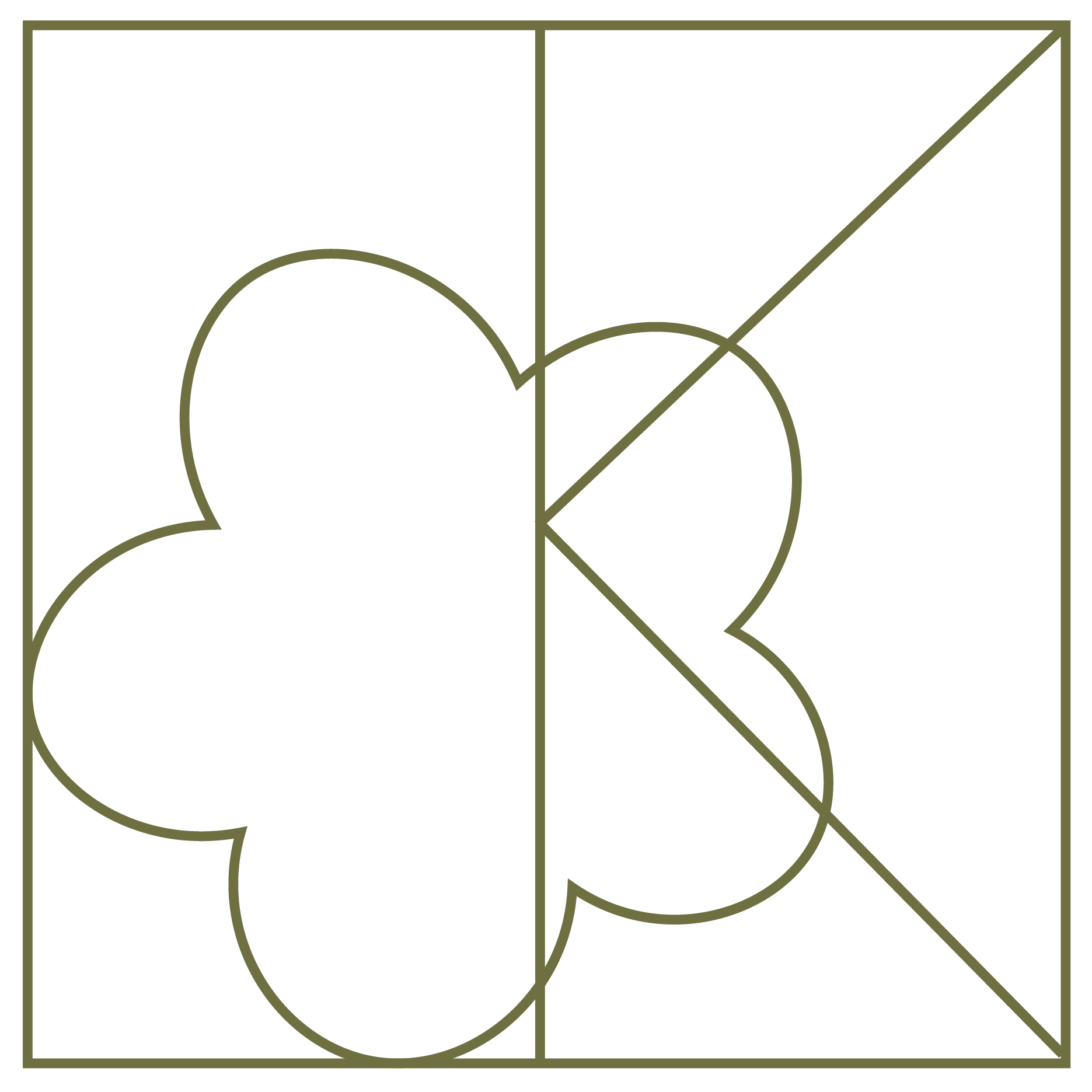 Geometric drawing of an outline square with sections divided by vertical, horizontal, and circle lines.