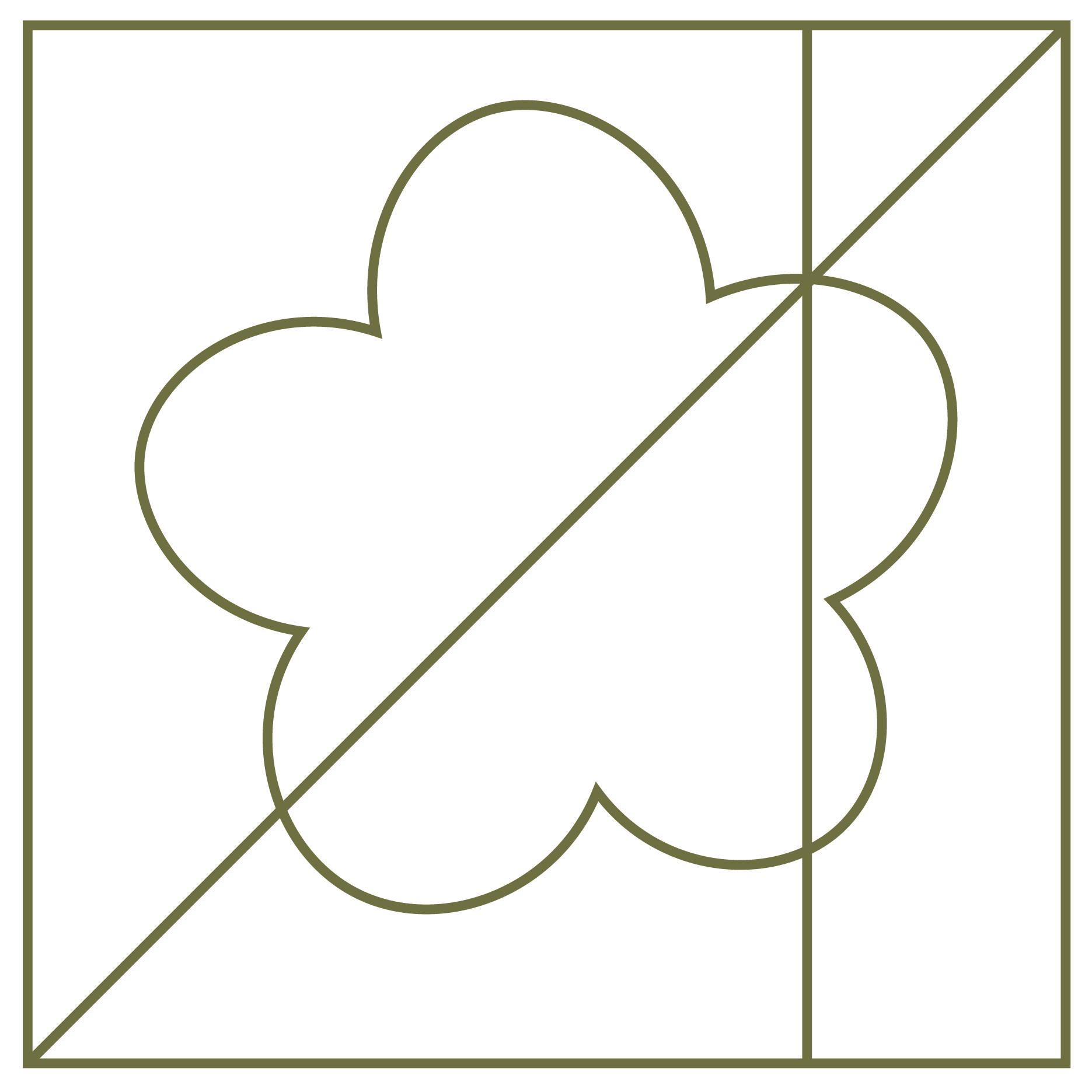 Geometric drawing of an outline square with sections divided by vertical, horizontal, and half circle lines.