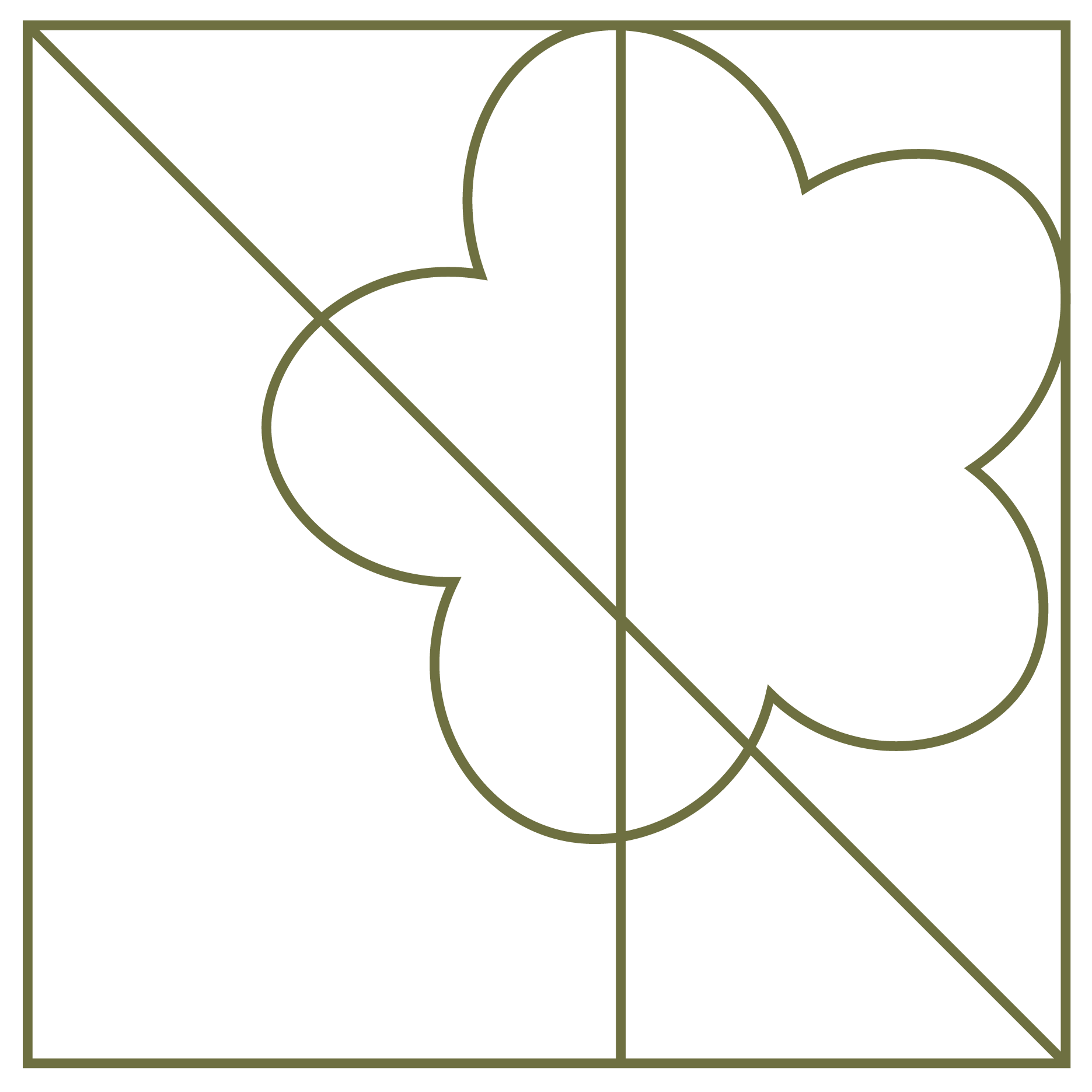 Geometric drawing of an outline square with sections divided by vertical, horizontal, and diagonal lines.