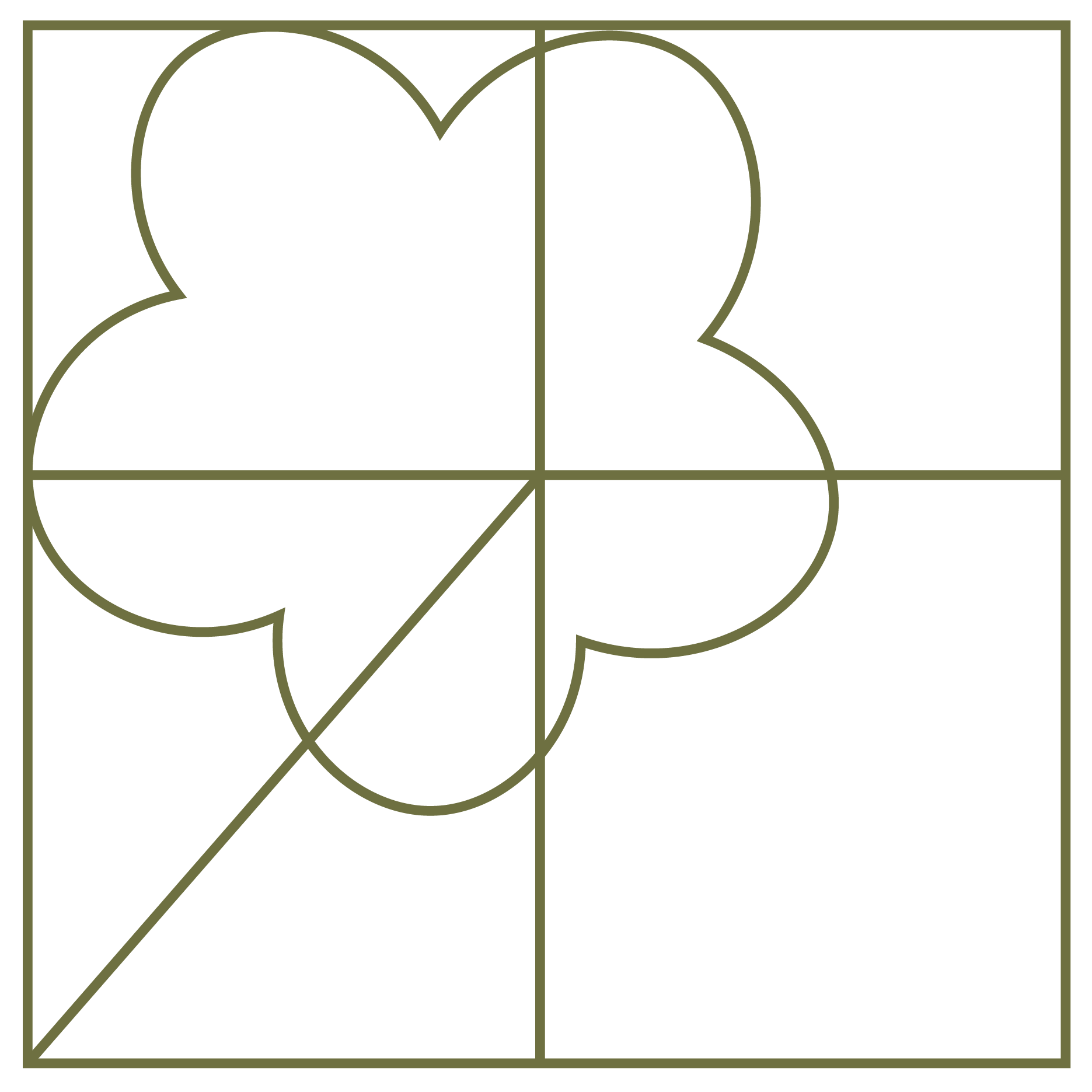 Geometric drawing of an outline square with sections divided by vertical, horizontal, and diagonal lines.