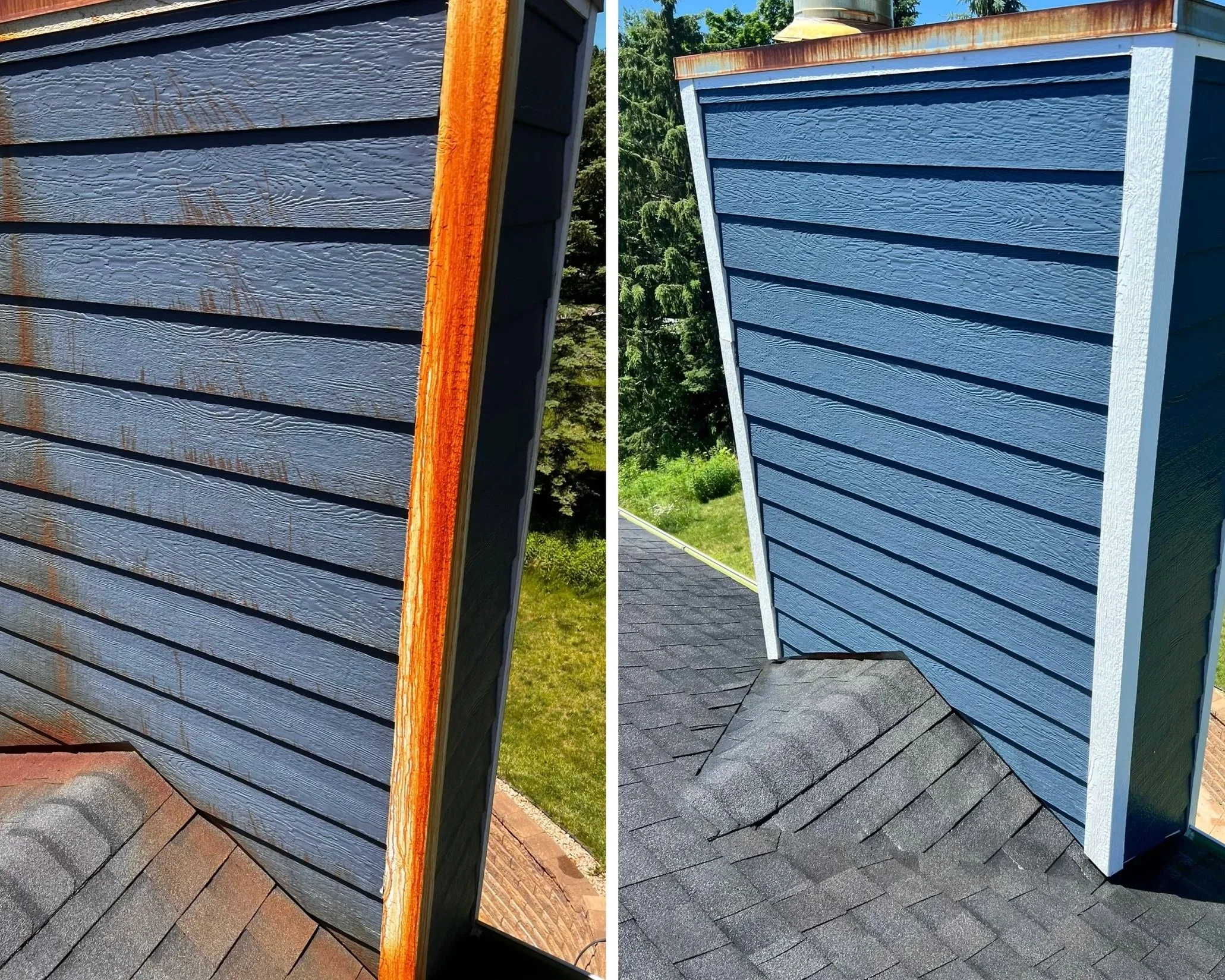 Side-by-side comparison of a house siding before and after restoration. The left side shows old, weathered, and stained blue wooden siding with signs of rust and damage. The right side displays freshly clean result. 