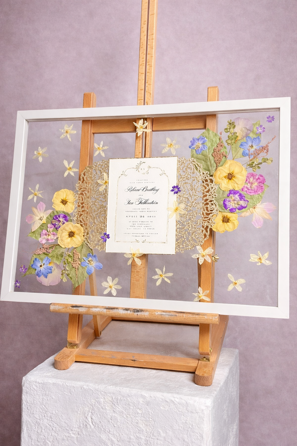 A framed wedding invitation display with floral decorations, including cream and dark purple flowers, set on a wooden easel. The invitation features the names Lyla and Ivan, a photo of the couple, and details of the wedding event.