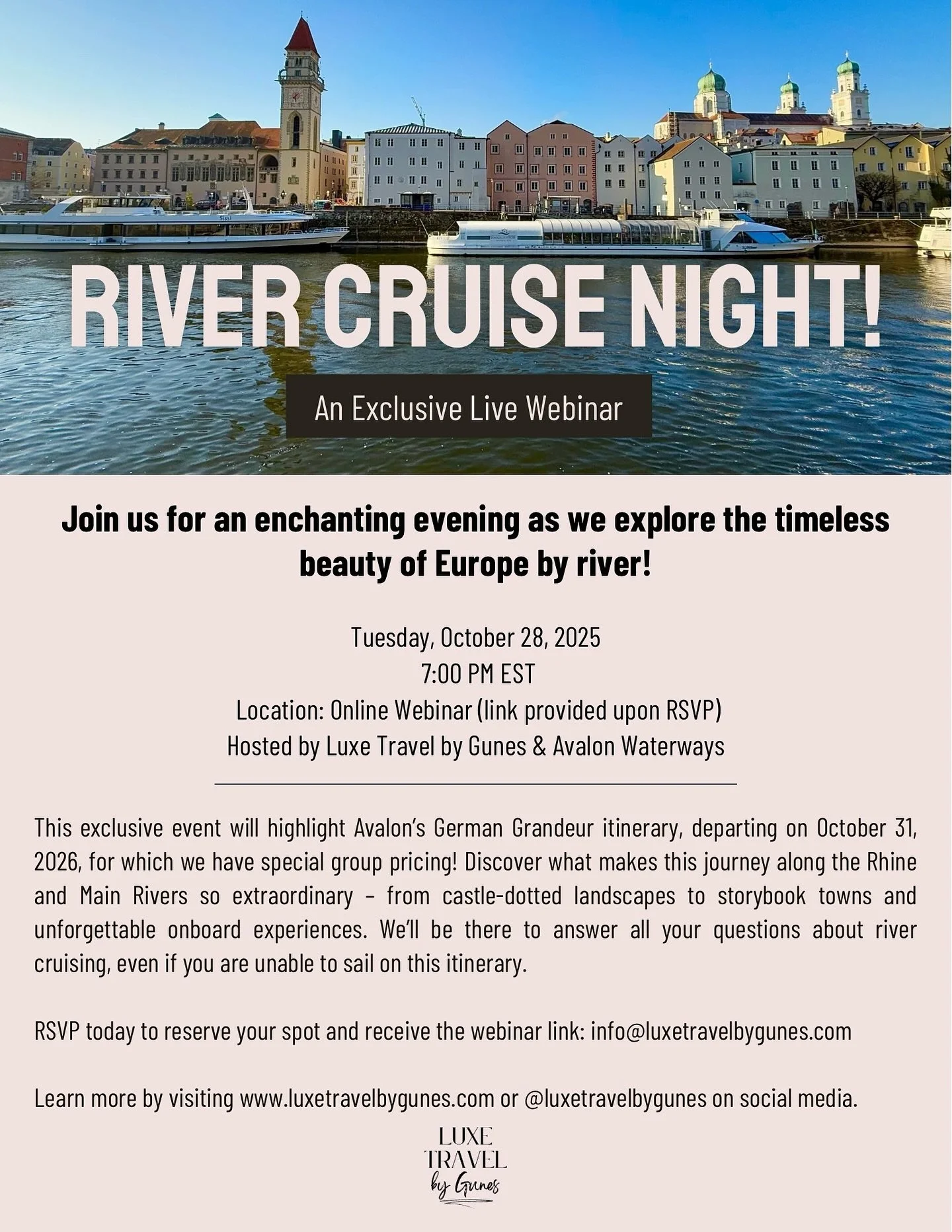 It’s time for a river cruise night! Join me on October 28 at 7pm ET for a live webinar with Avalon Waterways. We’ll be discussing a special itinerary available for you to sail on October 31, 2026. I’ve secured special group pricing!