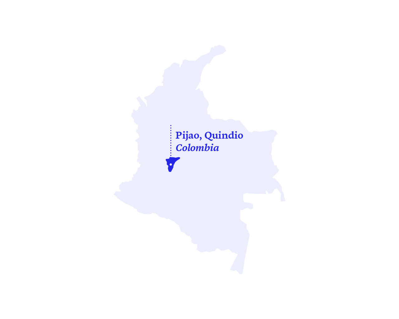 Map of Bogota, Colombia, with a mark indicating Pijao, Quindio.