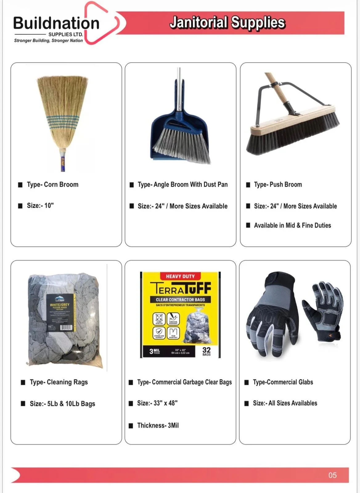 Catalog page displaying janitorial supplies including a corn broom, an angle broom with dustpan, a push broom, cleaning rags, commercial garbage bags, and work gloves.
