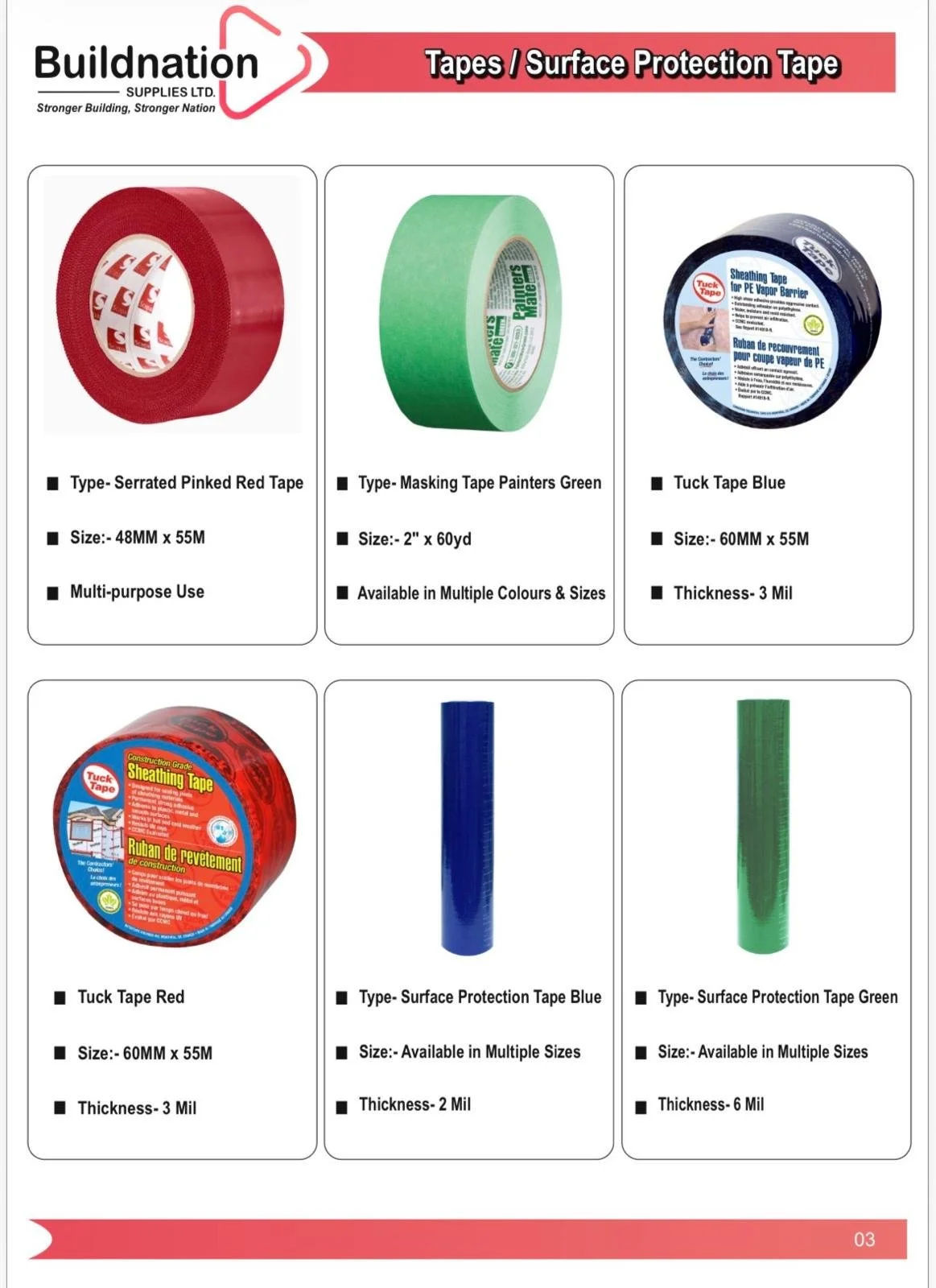 Catalog page showcasing various types of surface protection tapes, including red serrated pinked tape, green masking tape, blue sheathing tape, red construction sheathing tape, blue surface protection tape, and green surface protection tape, with details on size and thickness.