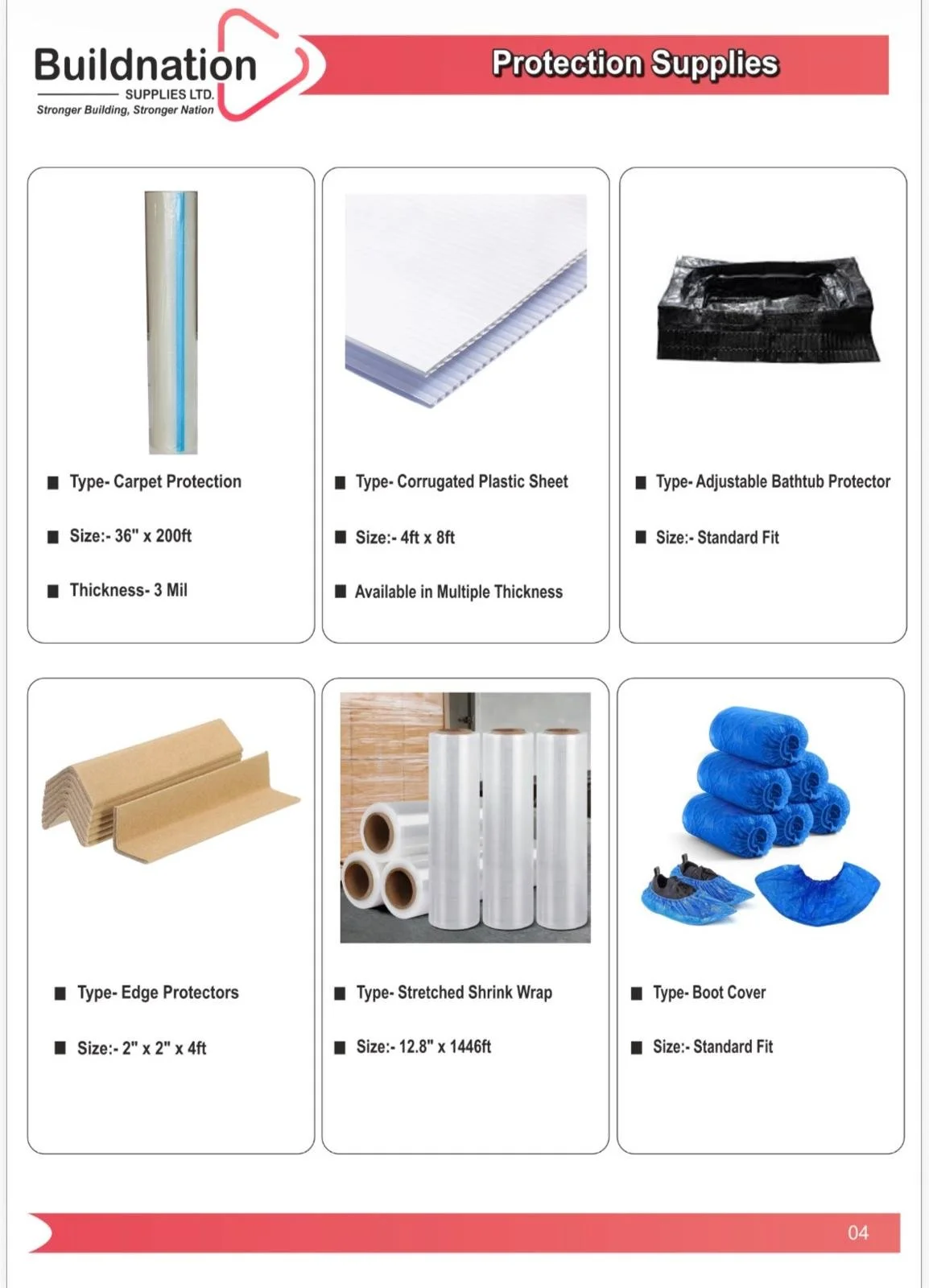 Catalog page displaying protection supplies including carpet protection, corrugated plastic sheets, bathtub protectors, edge protectors, stretch wrap, and boot covers.