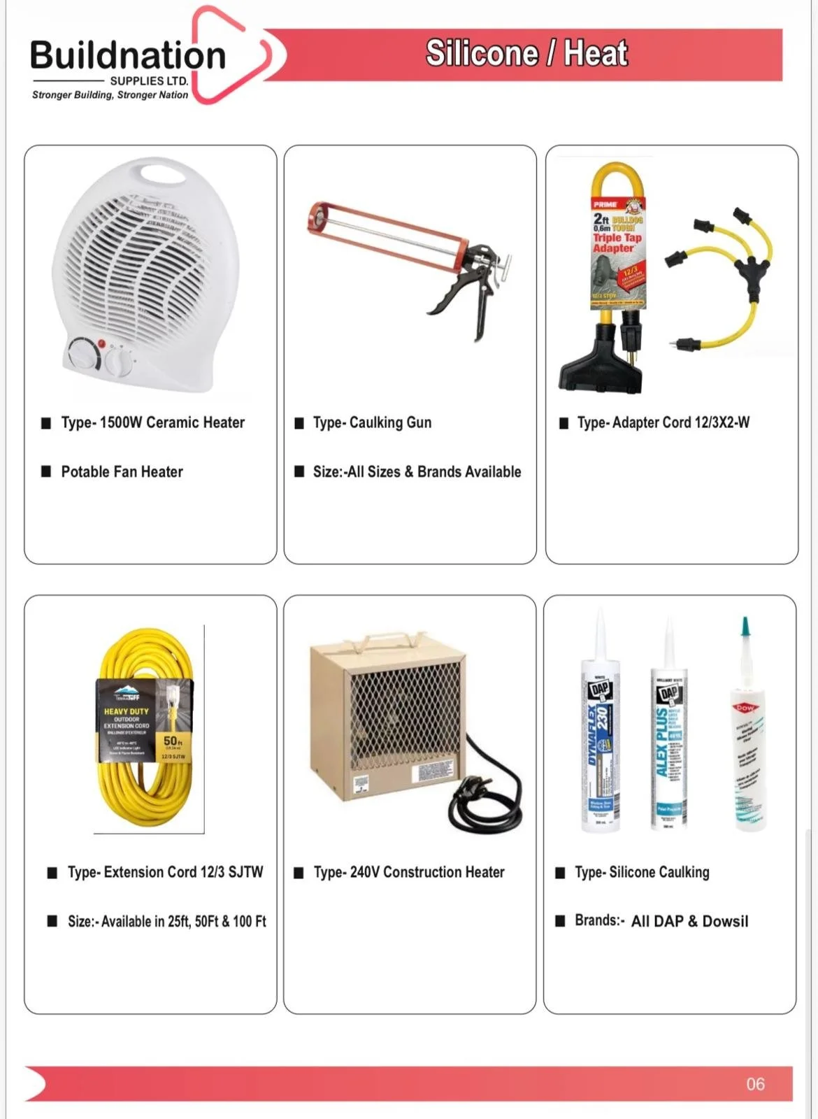 A catalog page displaying silicone and heat construction supplies, including a ceramic heater, caulking gun, adapter cord, extension cord, a construction heater, and silicone caulking tubes.
