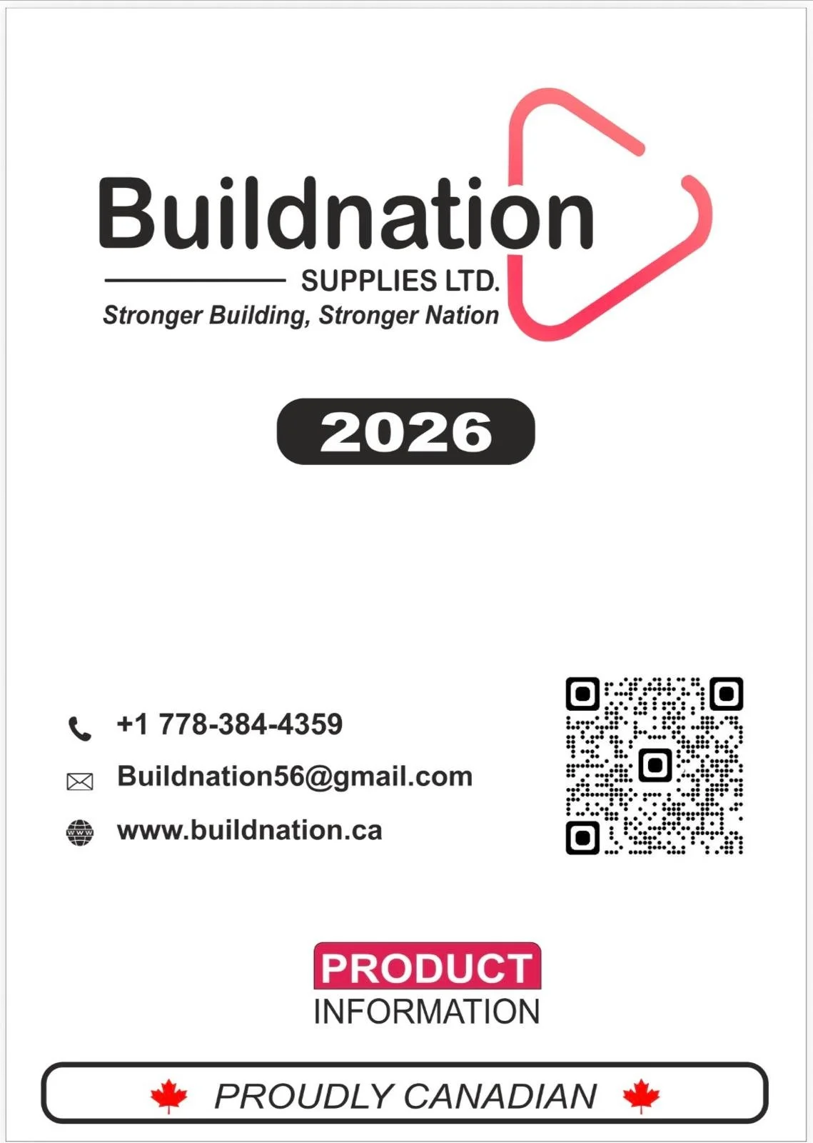 Business card for Buildnation Supplies Ltd., a Canadian construction supplies company, with contact information, website, QR code, and a logo featuring an outline of a house. The card promotes product information for 2026.