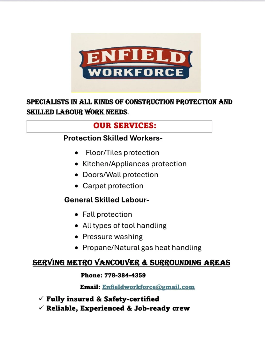 Flyer for Enfield Workforce offering construction protection and skilled labor services, including protection for floors, kitchens, doors, carpets, fall safety, tool handling, pressure washing, and gas handling, serving Metro Vancouver area.