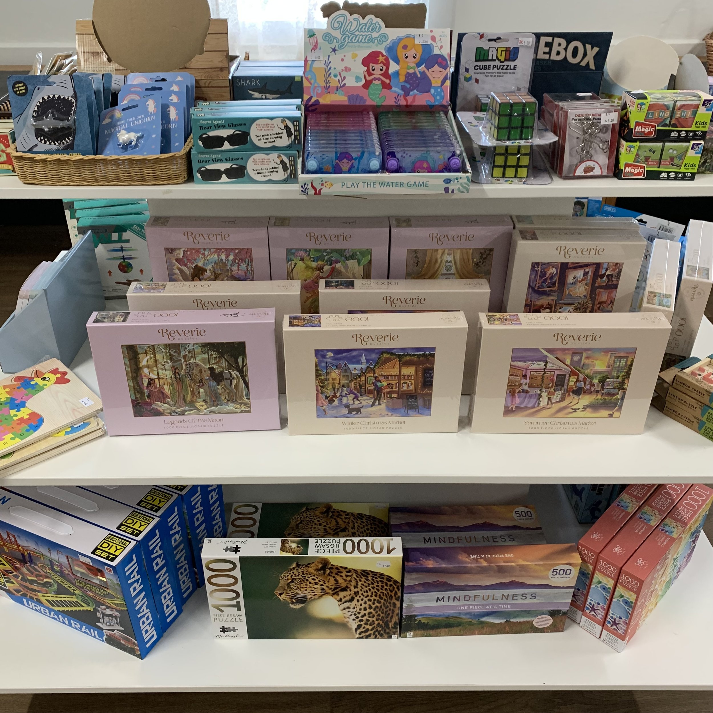 Gift and card shelves in Santa's Shop at Santa's Cave Waikerie