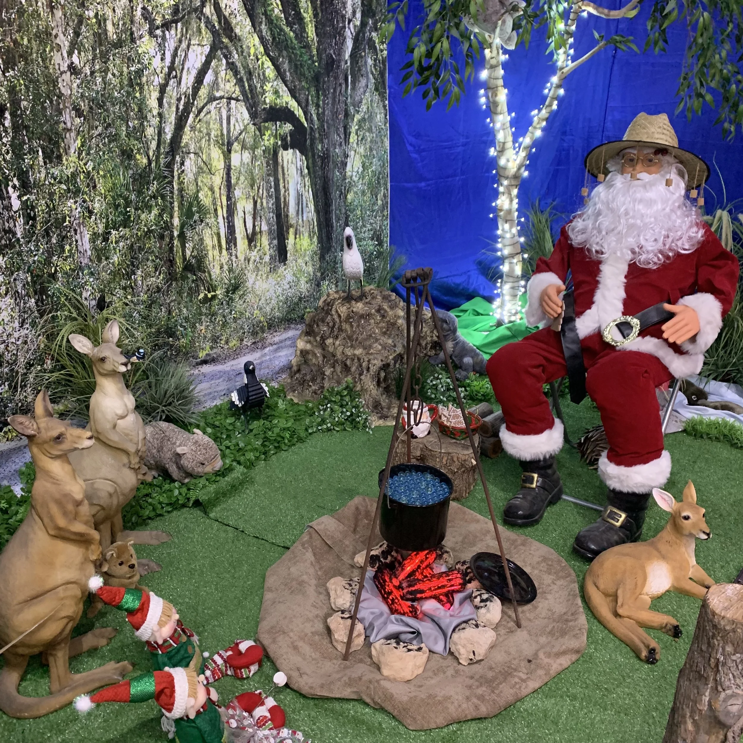 Australian Christmas display with Santa, kangaroos and a campfire at Santa's Cave Waikerie