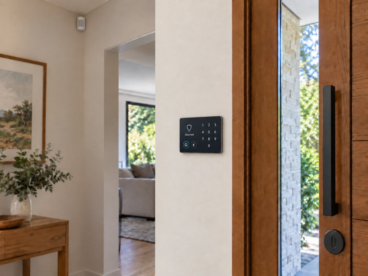 Illustration of a modern alarm keypad and motion sensor in a contemporary home entrance.