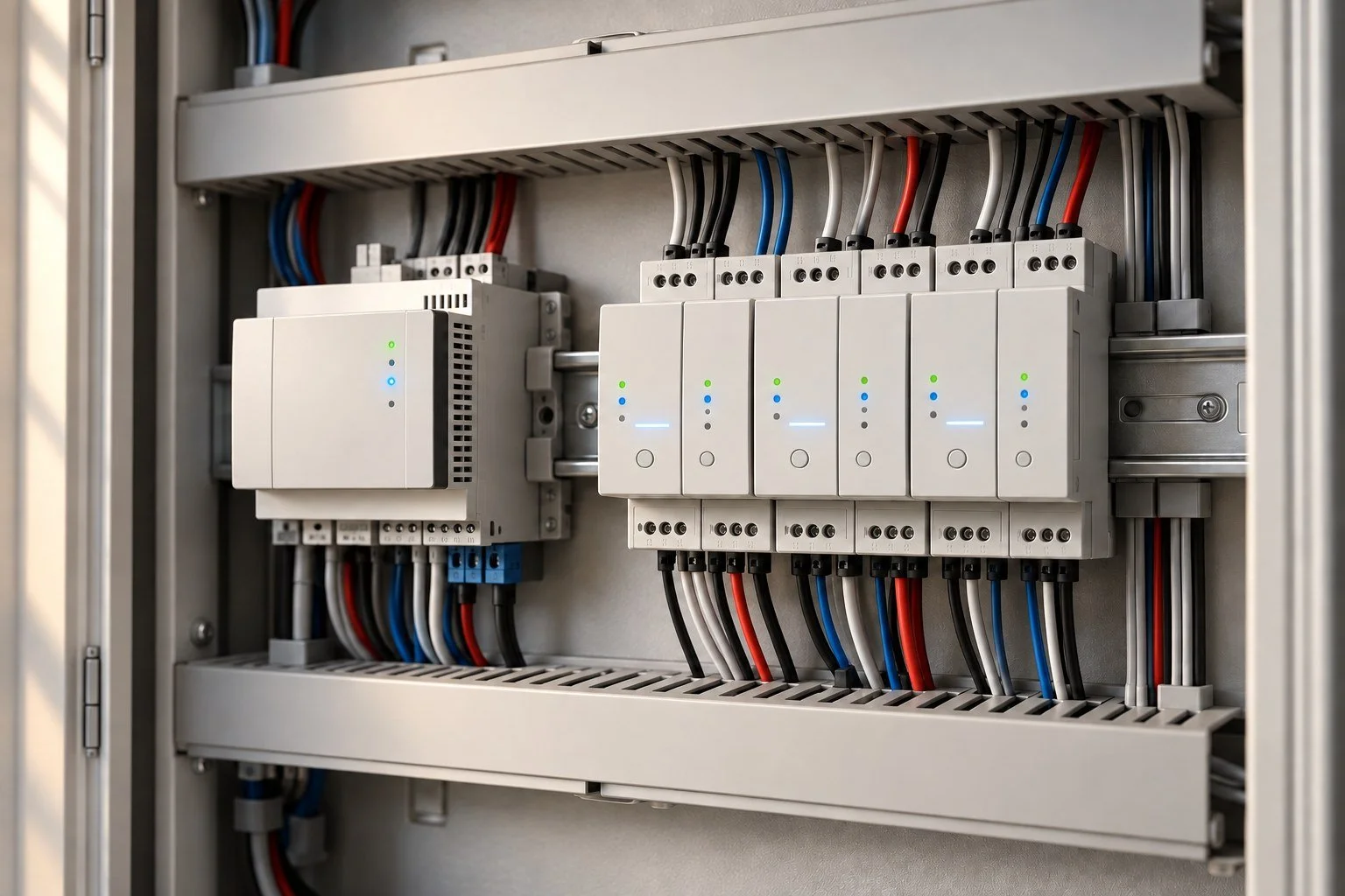 Illustration of an automation control cabinet with lighting modules, organised wiring and blue and green status indicators.