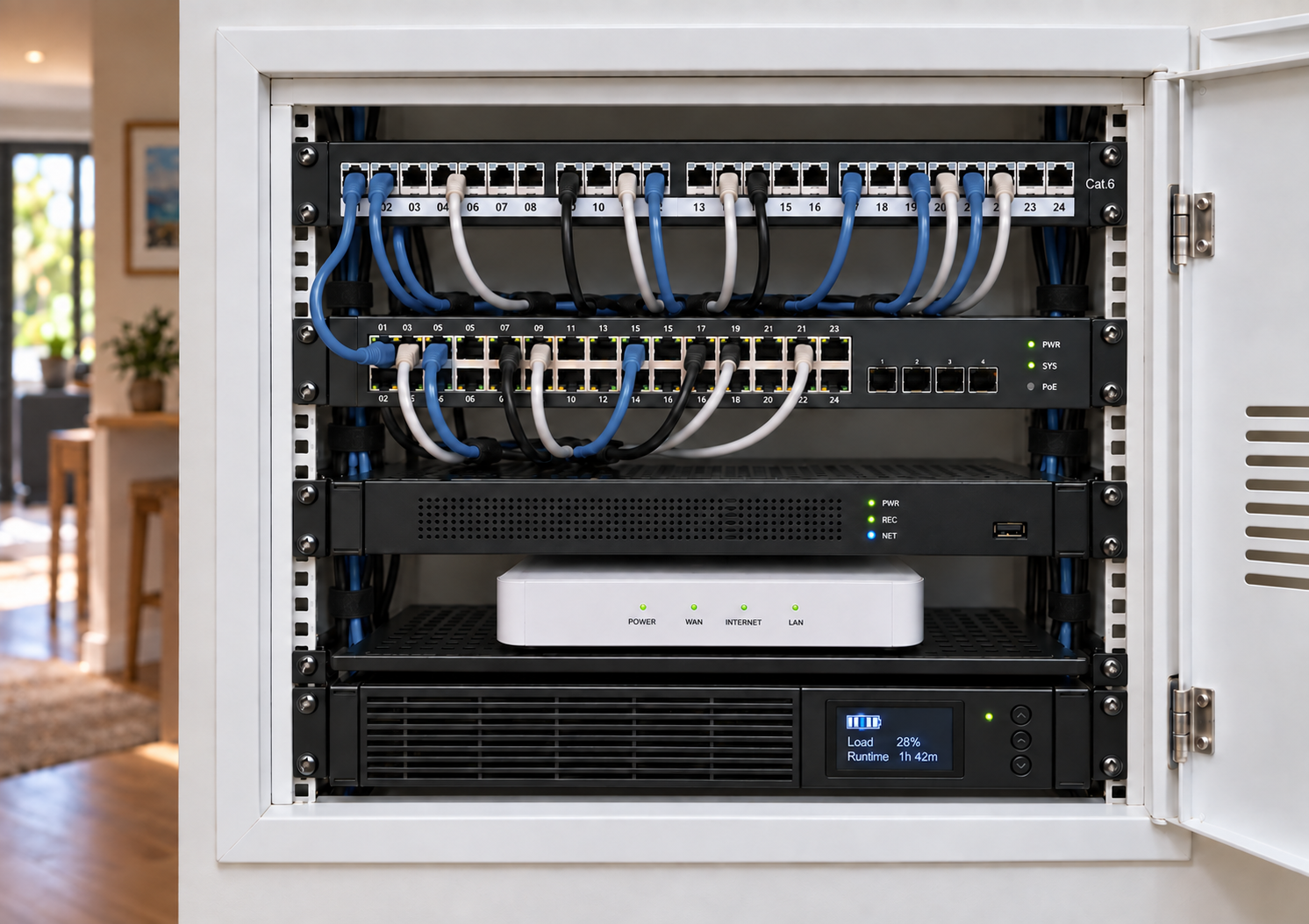 Illustration of a home network cabinet with patch cabling, network switch and router.