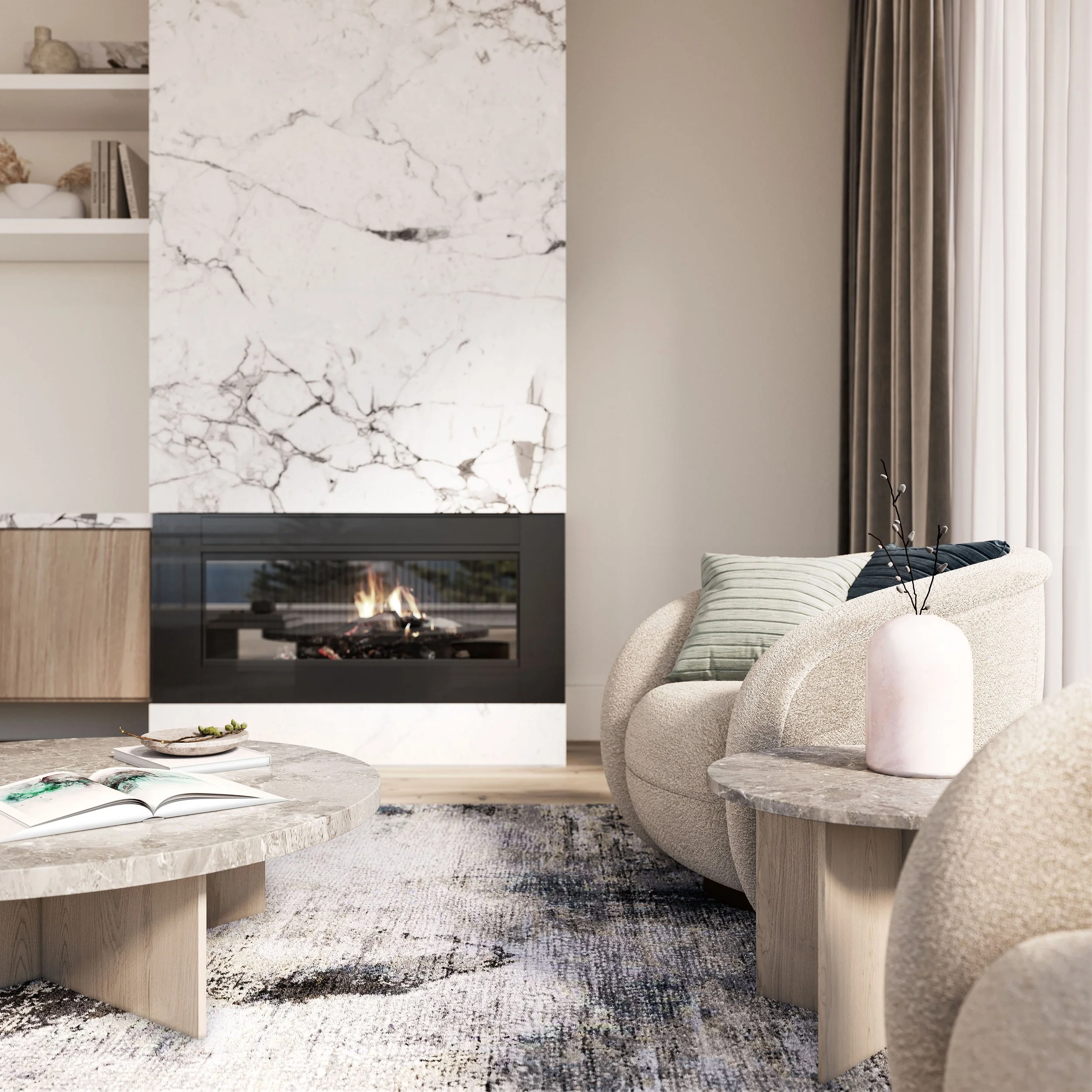 Modern living room with abstract art on white marble wall, beige curved sofa with striped pillow, a lamp, and large curtains.