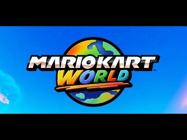Logo of Mario Kart World game with colorful text and a globe background.