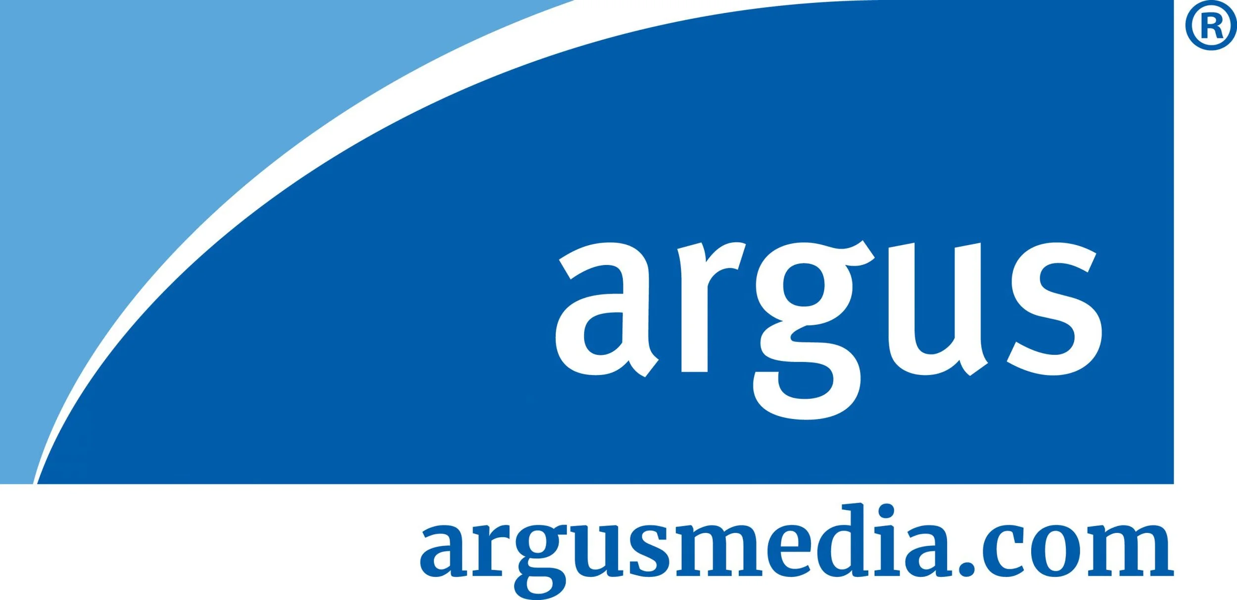 Logo for Argus Media featuring the word 'argus' in lowercase letters and the website argusmedia.com beneath it, on a background with blue and light blue curved sections.