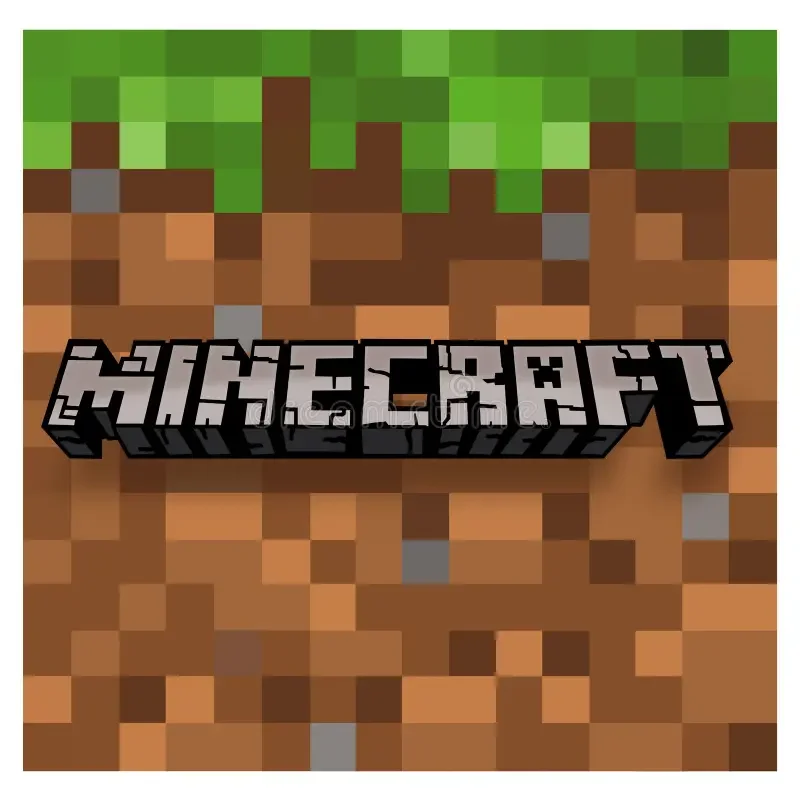 Pixelated image of a Minecraft logo with a background of grass and dirt blocks.