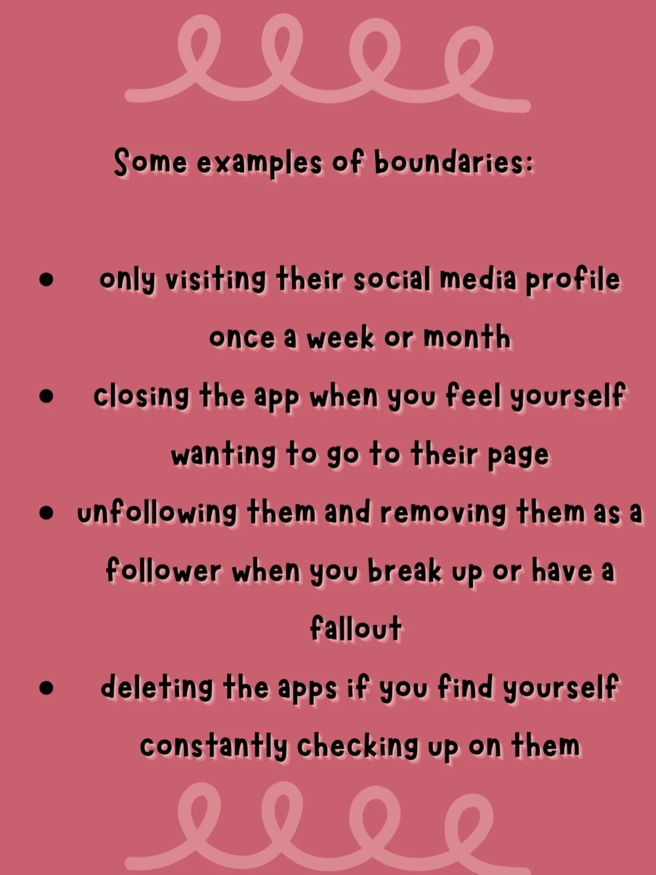 boundaries can look like a lot of different things. here are some examples of boundaries for social media 💗
#boundaries #boundariesareselfcare #socialmediaboundaries #examplesofboundaries #boundariesarehot #selflovetips