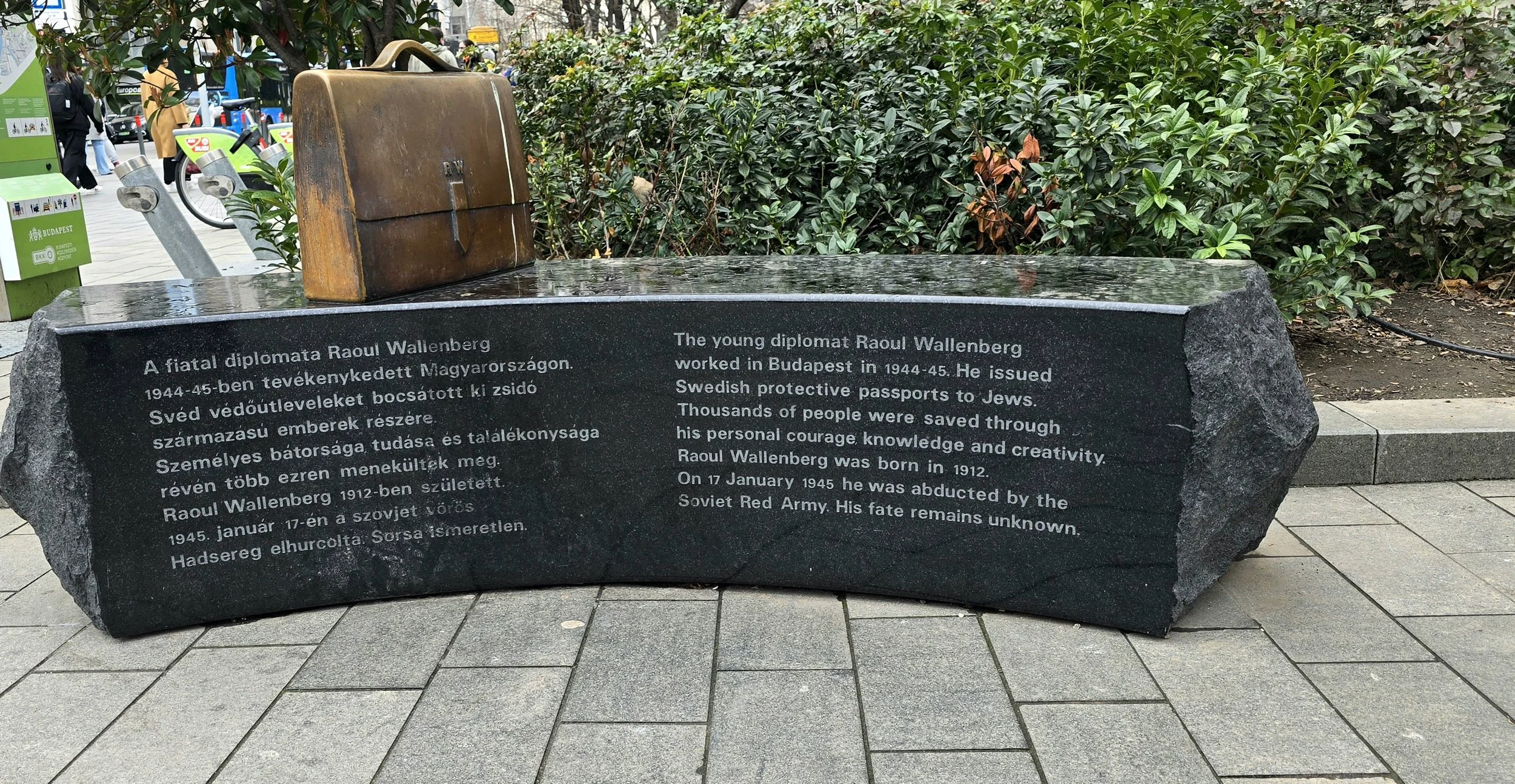 Raoul Wallenberg last known sighting and Memorial - BRONZE replicas of his briefcase, stamped “RW”, are scattered across the world. One stands on Lidingö island near Stockholm, on the grassed-over foundations of the summer house where he was born. Ot