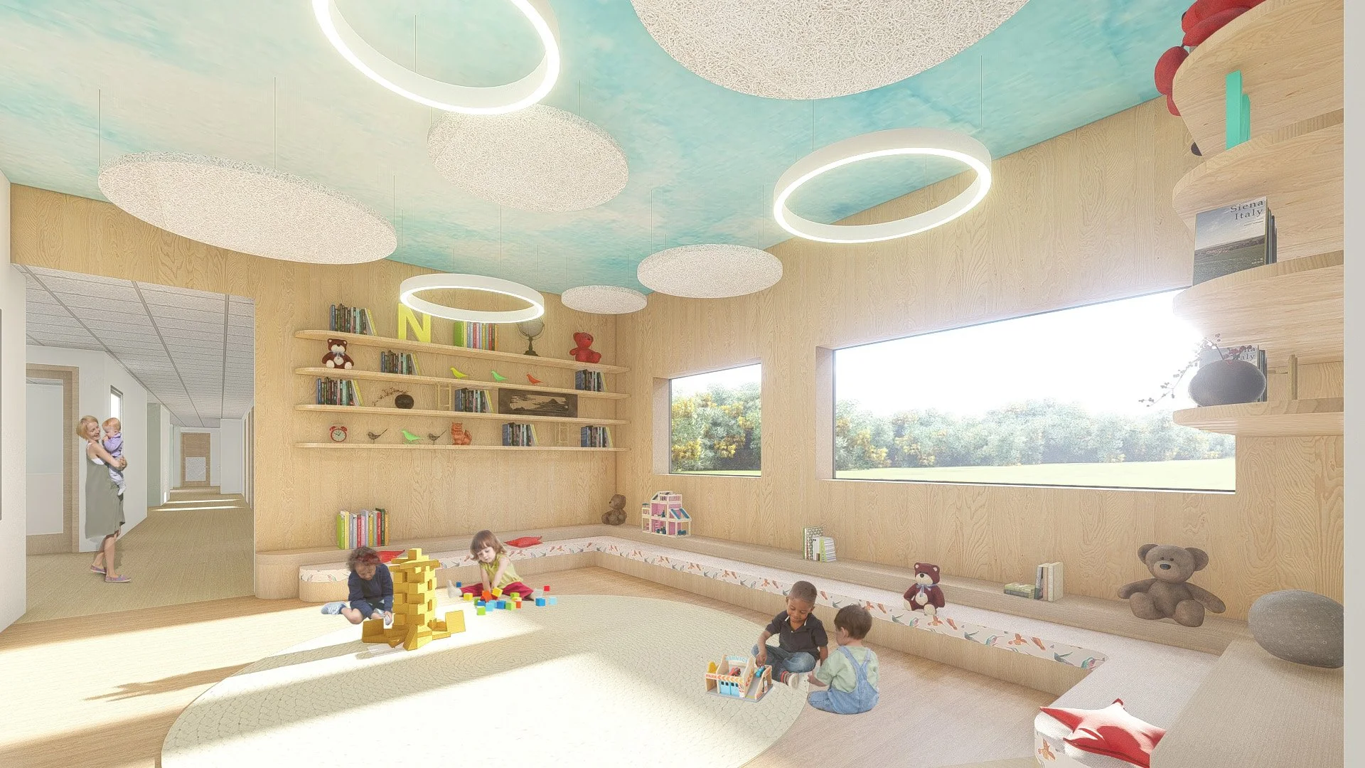Children playing and sitting in a bright, wooden-finished classroom with large windows, stuffed animals, shelves, and modern hanging light fixtures.