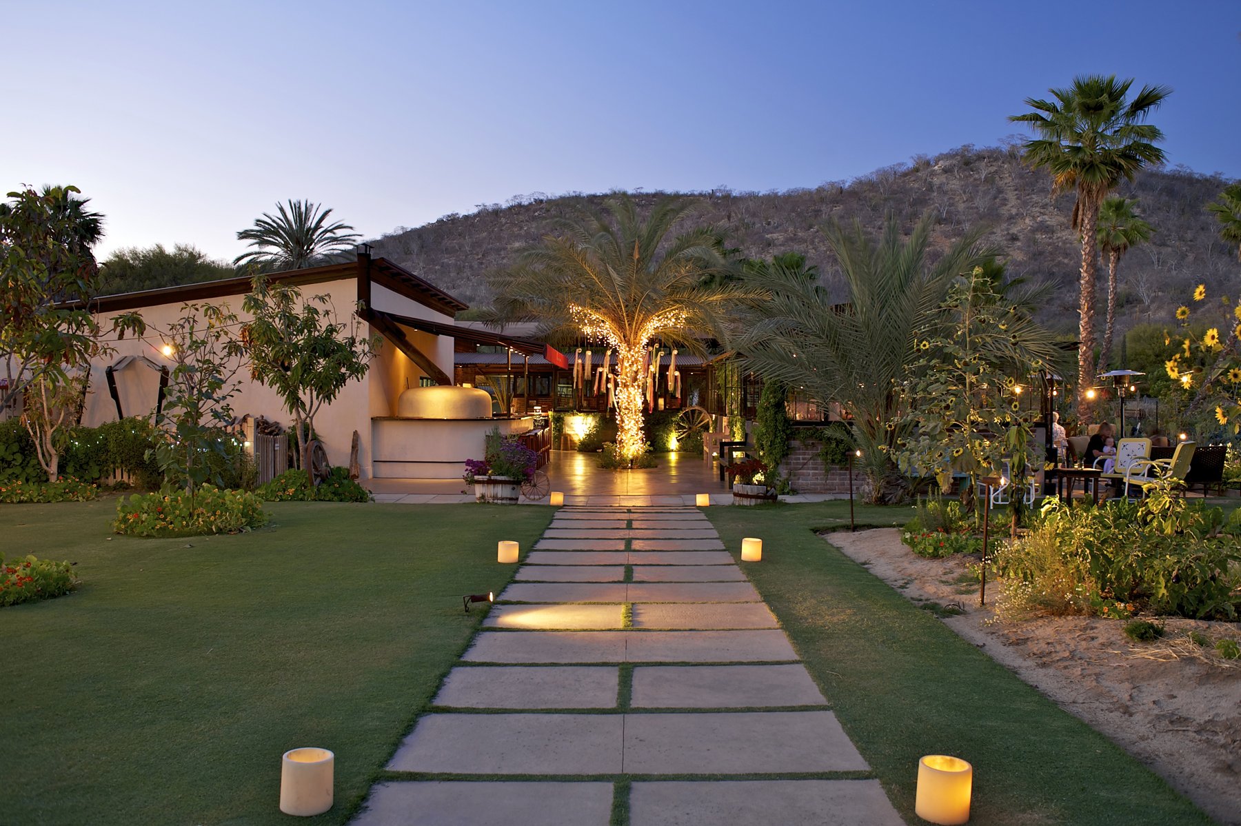 A scenic outdoor restaurant or event space at sunset with a stone pathway lit by small candles, lush greenery, palm trees, mountains in the background, and warm string lights creating a cozy ambiance.