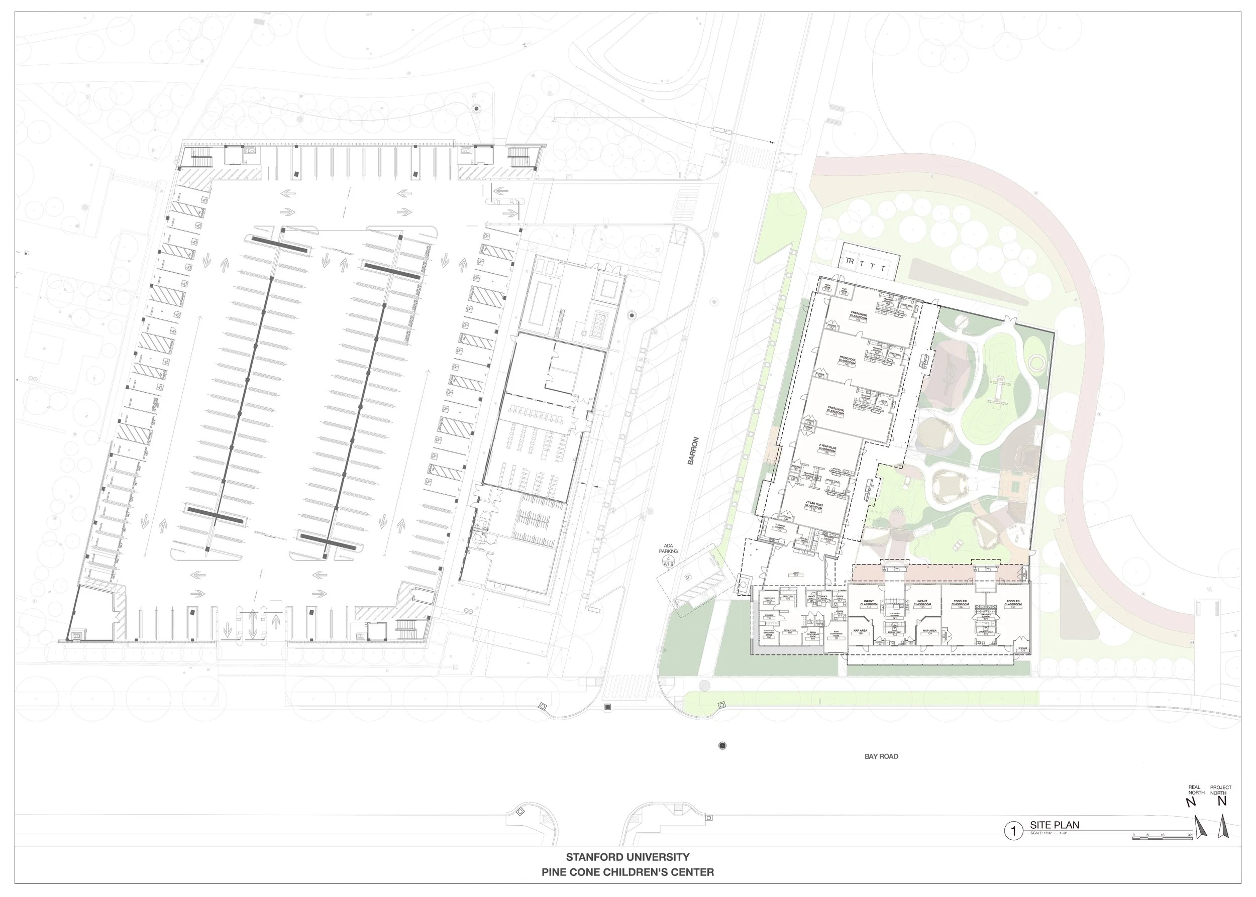 Site plan of Stanford University Pine Cone Children's Center, showing building layouts, parking area, and landscaping