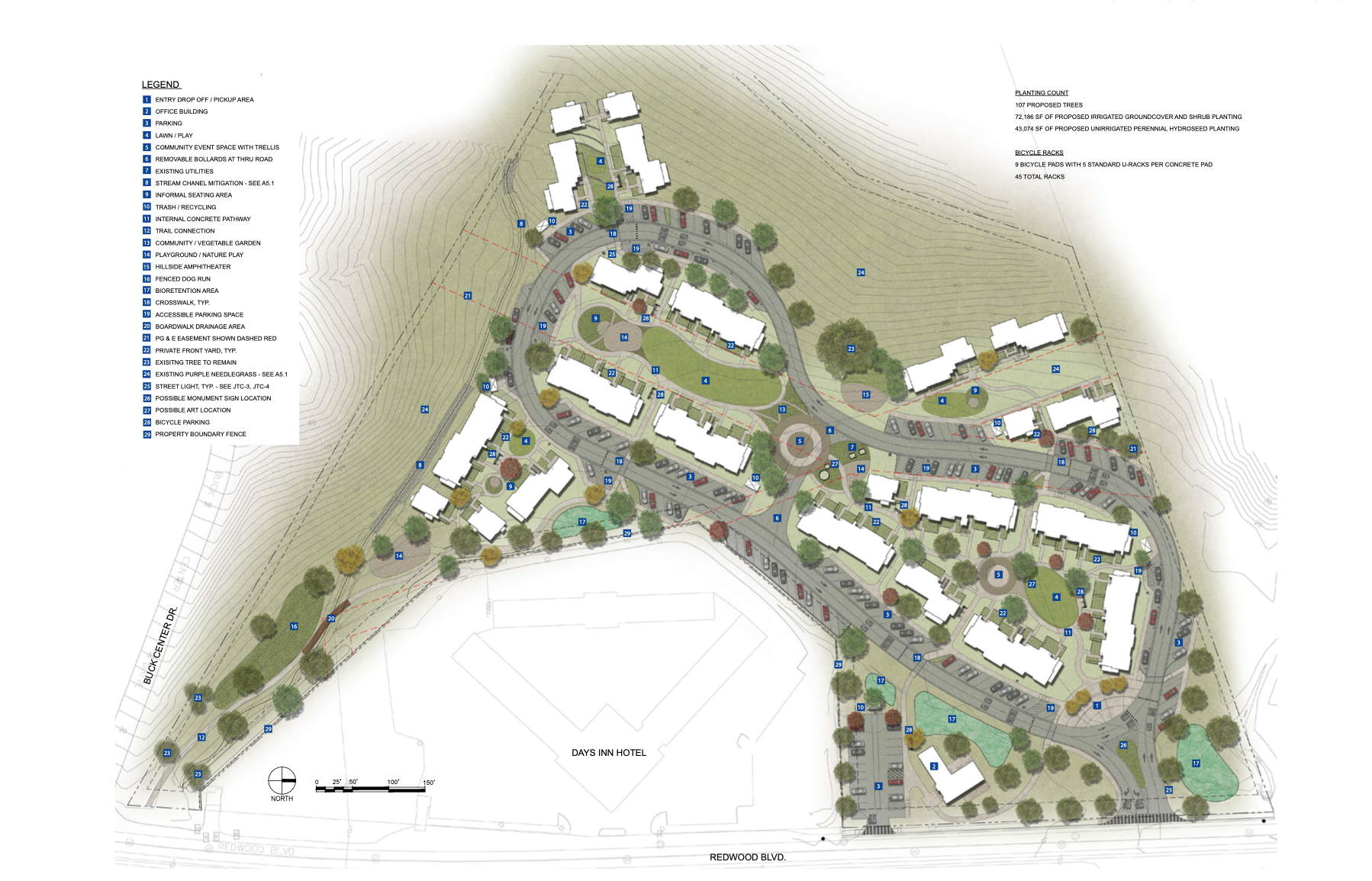 A detailed site plan for a residential community including numbered legend items such as entry drop-off, office building, parking, community event spaces, playgrounds, walking paths, trees, landscaping, and underground utilities, all mapped around ex