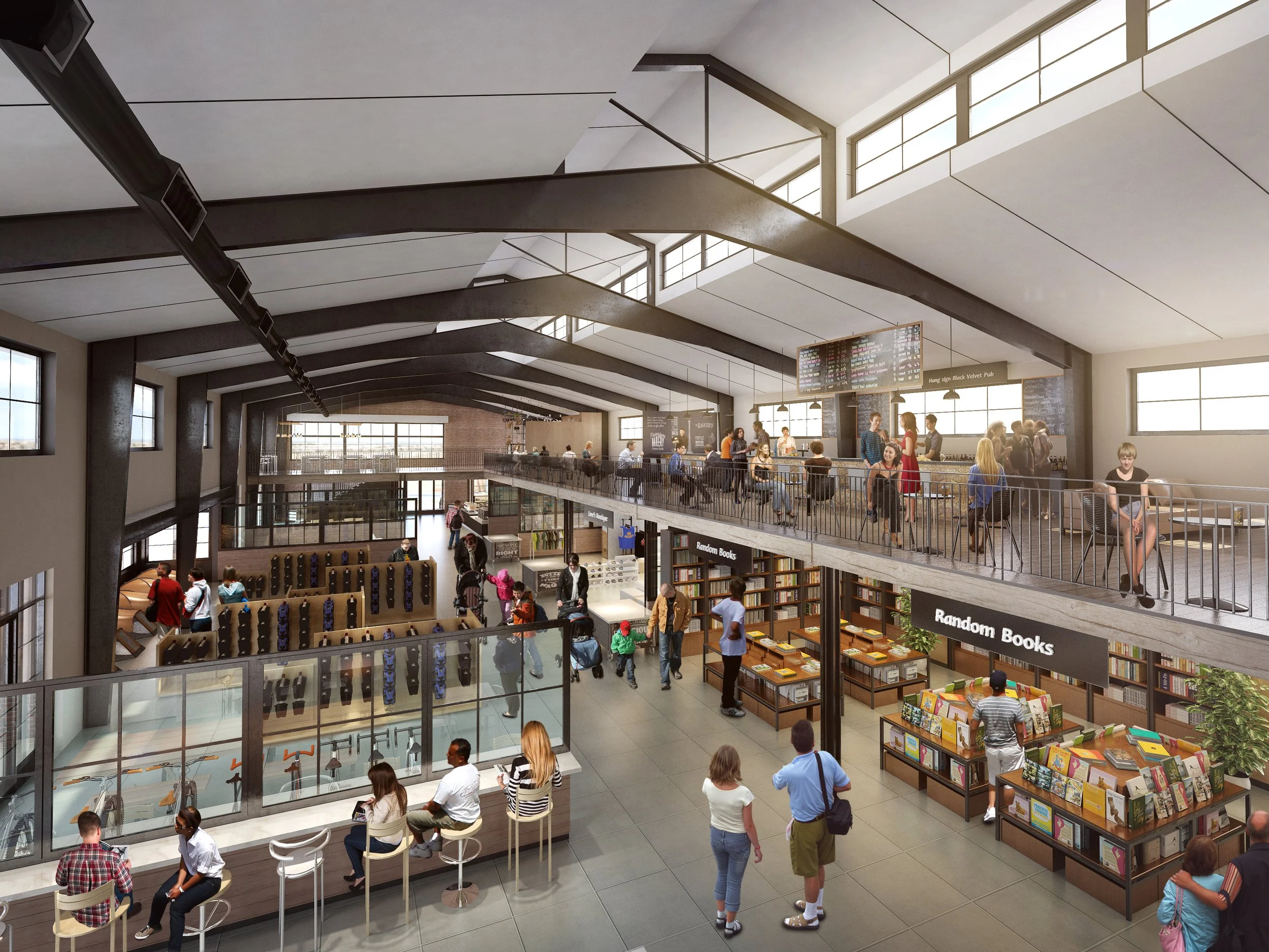 Interior of a modern multi-level bookstore and café with people browsing, reading, and socializing, shelves of books, and a large digital menu board.