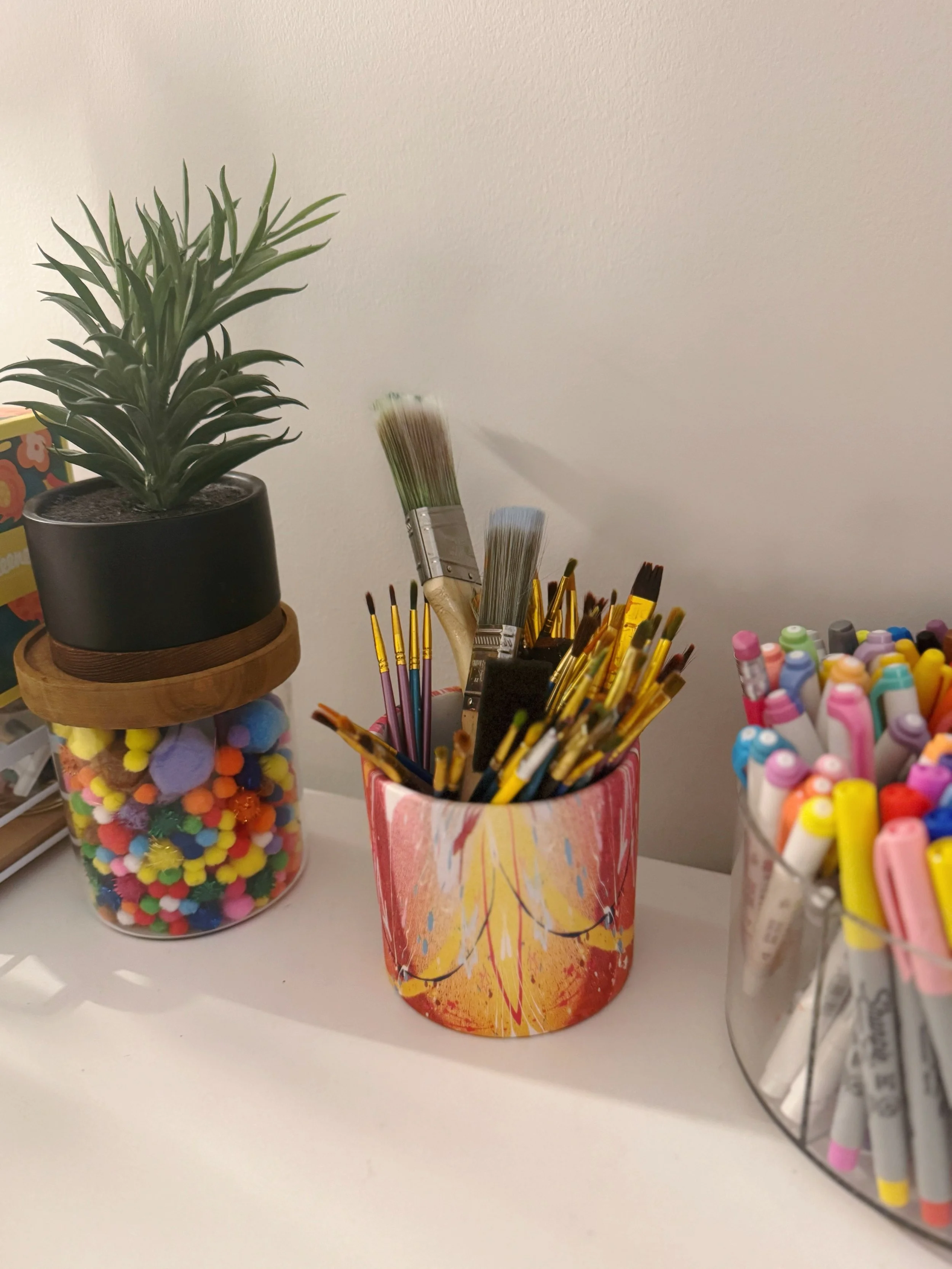 Creative therapy space with art supplies used in counseling sessions