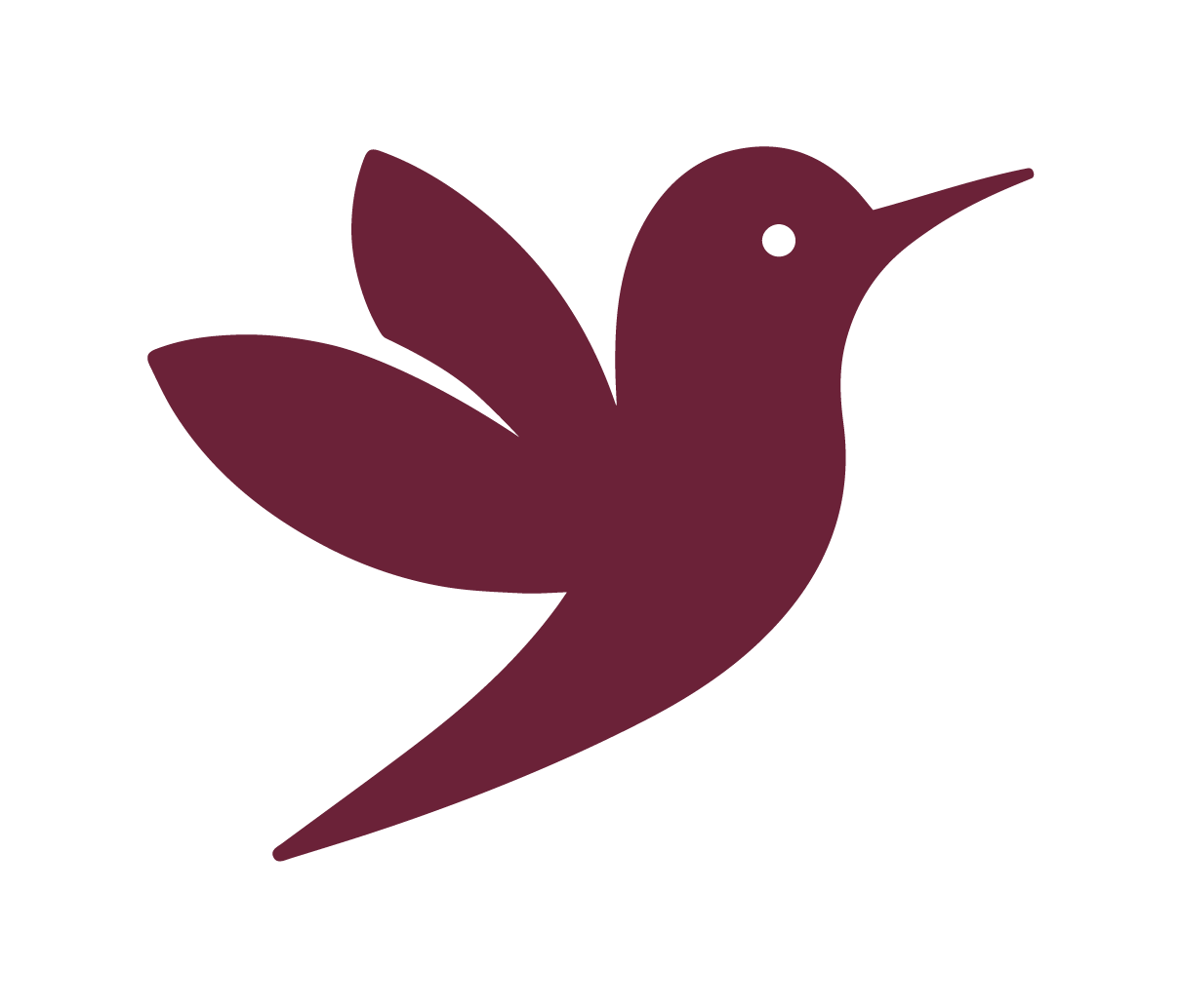 Stylized illustration of a hummingbird in dark purple, facing right.