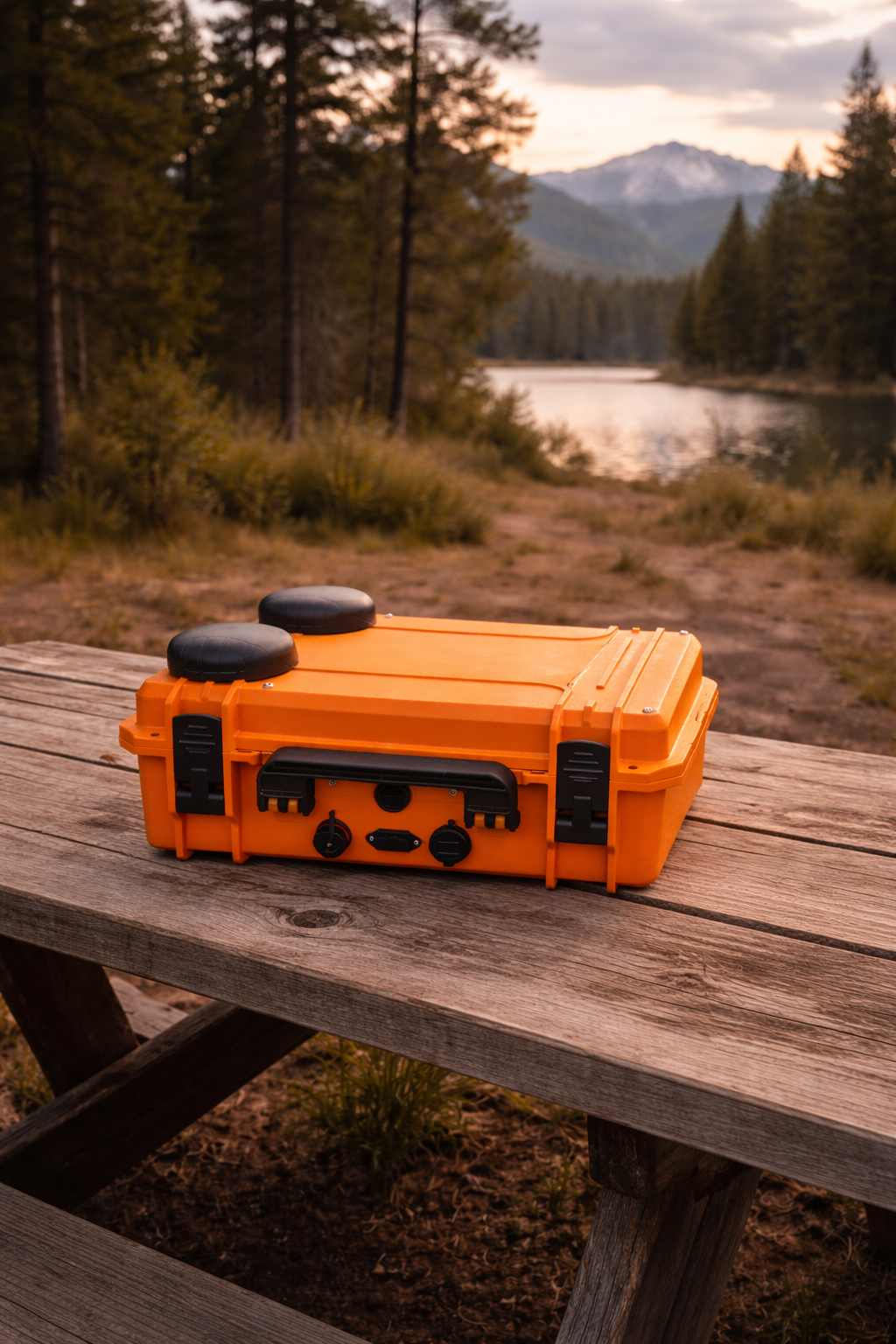 Orange MIMO GoCase on a wooden picnic table near a lake in a forested area at sunset with mountains in the background.