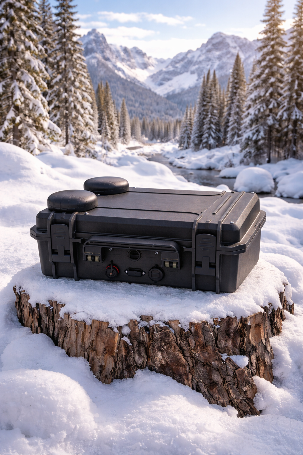Black MIMO GoCase on a snow-covered tree stump in a snowy mountain landscape with tall pine trees and mountains in the background.