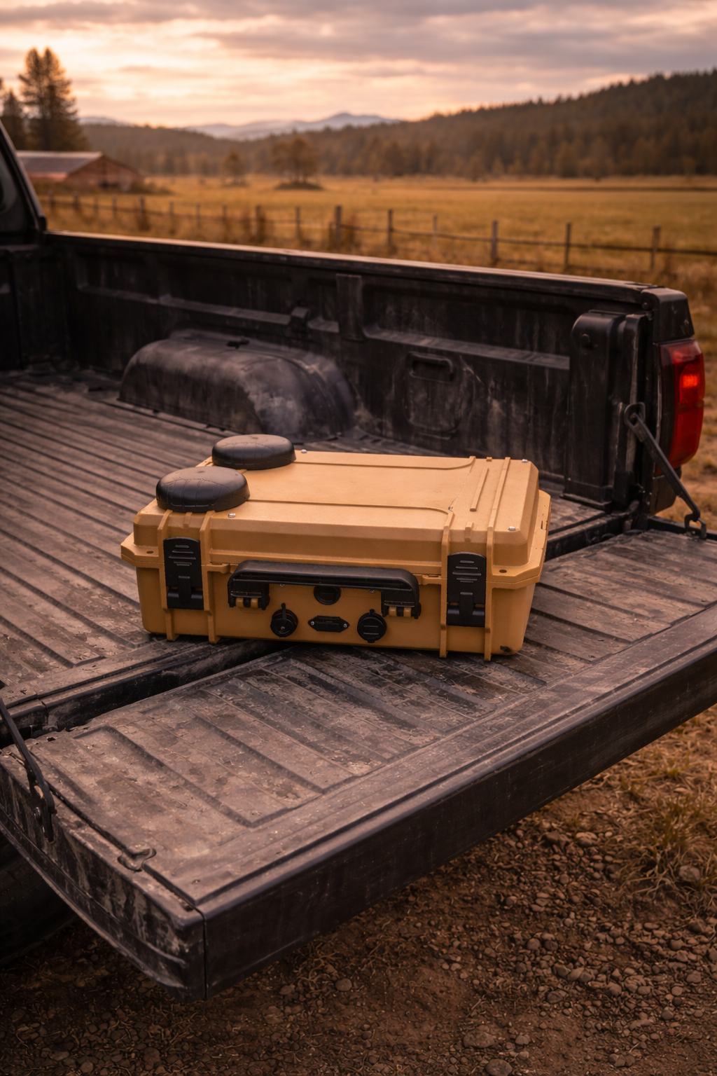 Khaki MIMO GoCase placed on the tailgate of a black pickup truck. The pickup is parked outdoors in a rural area with a view of open fields, trees, and mountains during sunset.