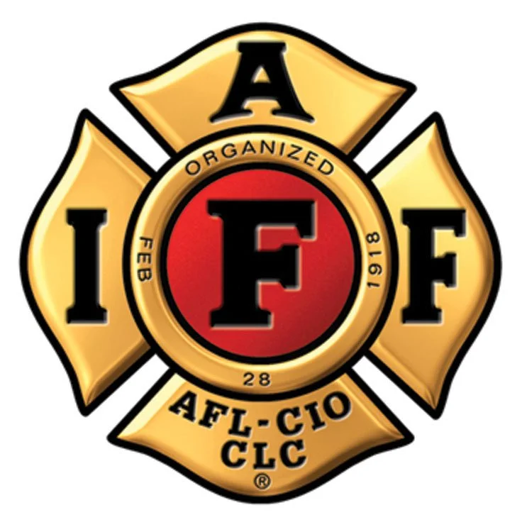 Logo of the International Association of Fire Fighters (IAFF), featuring a gold Maltese cross with a red circle in the center, containing a black 'F' and surrounded by text indicating the organization's founding date and affiliations.