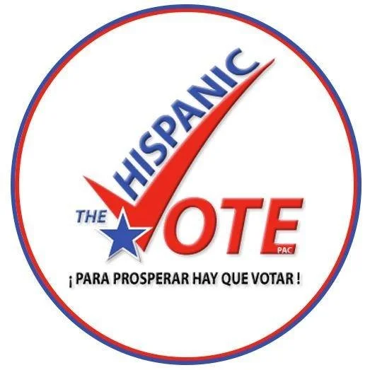 Hispanic voting campaign logo with a checkmark, star, and the text 'Hispanic Vote' and 'Para Prosperar Hay Que Votar'.