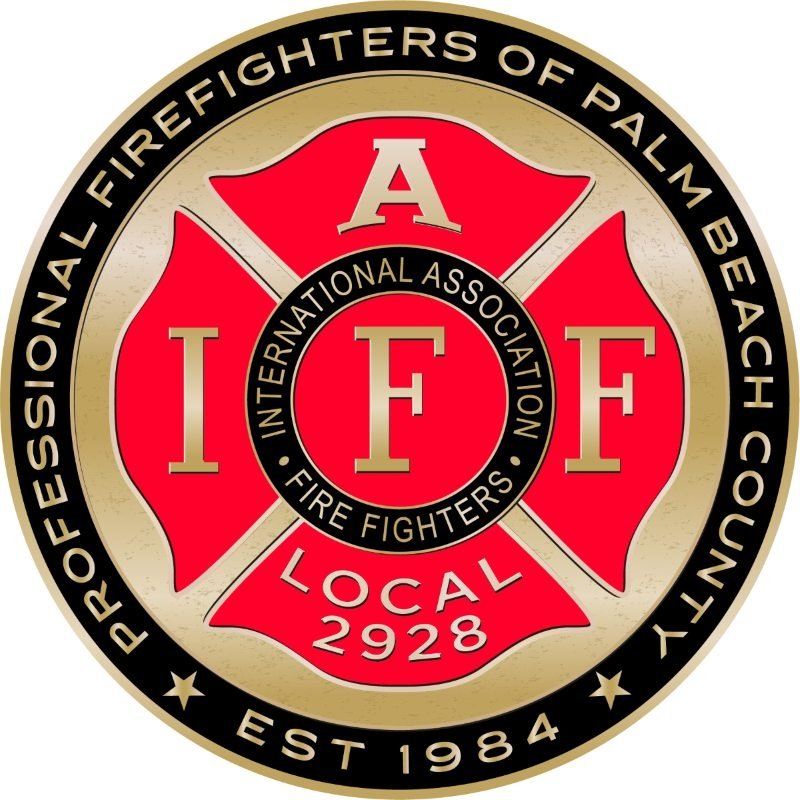 Emblem of the International Association of Fire Fighters Local 2928, featuring a red Maltese cross with the letters I, F, F, and A in the center, surrounded by black text on a gold background that reads 'Professional Firefighters of Palm Beach County, Est. 1984'.