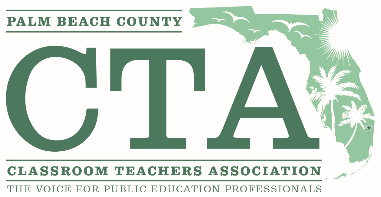 Logo for Palm Beach County Classroom Teachers Association featuring an outline map of Florida with a sun and palm trees, text stating 'Palm Beach County C.T.A. Classroom Teachers Association, The Voice for Public Education Professionals'.
