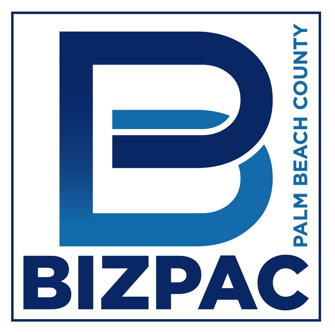 Logo of BizPac, featuring a large blue letter 'B' with the words 'Palms Beach County' written vertically alongside it.