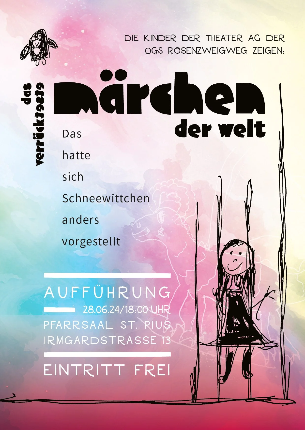 Ein farbenfrohes Plakat für eine Theateraufführung mit einem handgezeichneten Mädchen auf einem Schaukelsitz. Der Text bewirbt ein Theaterstück namens "Märchen der Welt" am 28.06.2024 um 18:00 Uhr in der Pfarrei St. Rius, Imgardsstraße 13, mit freiem Eintritt.