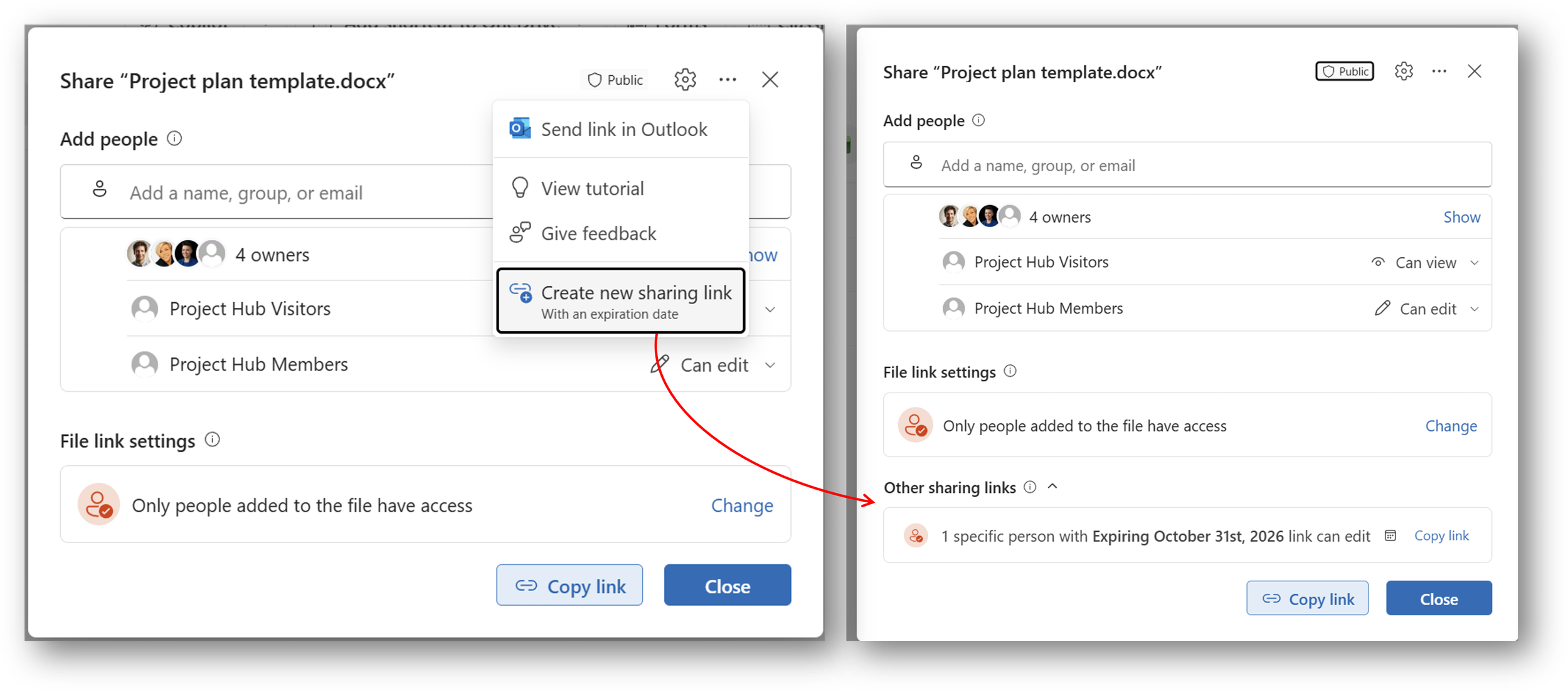 Two screenshots of the file sharing window. In the left screenshot, the Create new sharing link option is highlighted in the three-dot menu. The function allows you to create an expiring link. The red arrow points to the Other sharing links section.