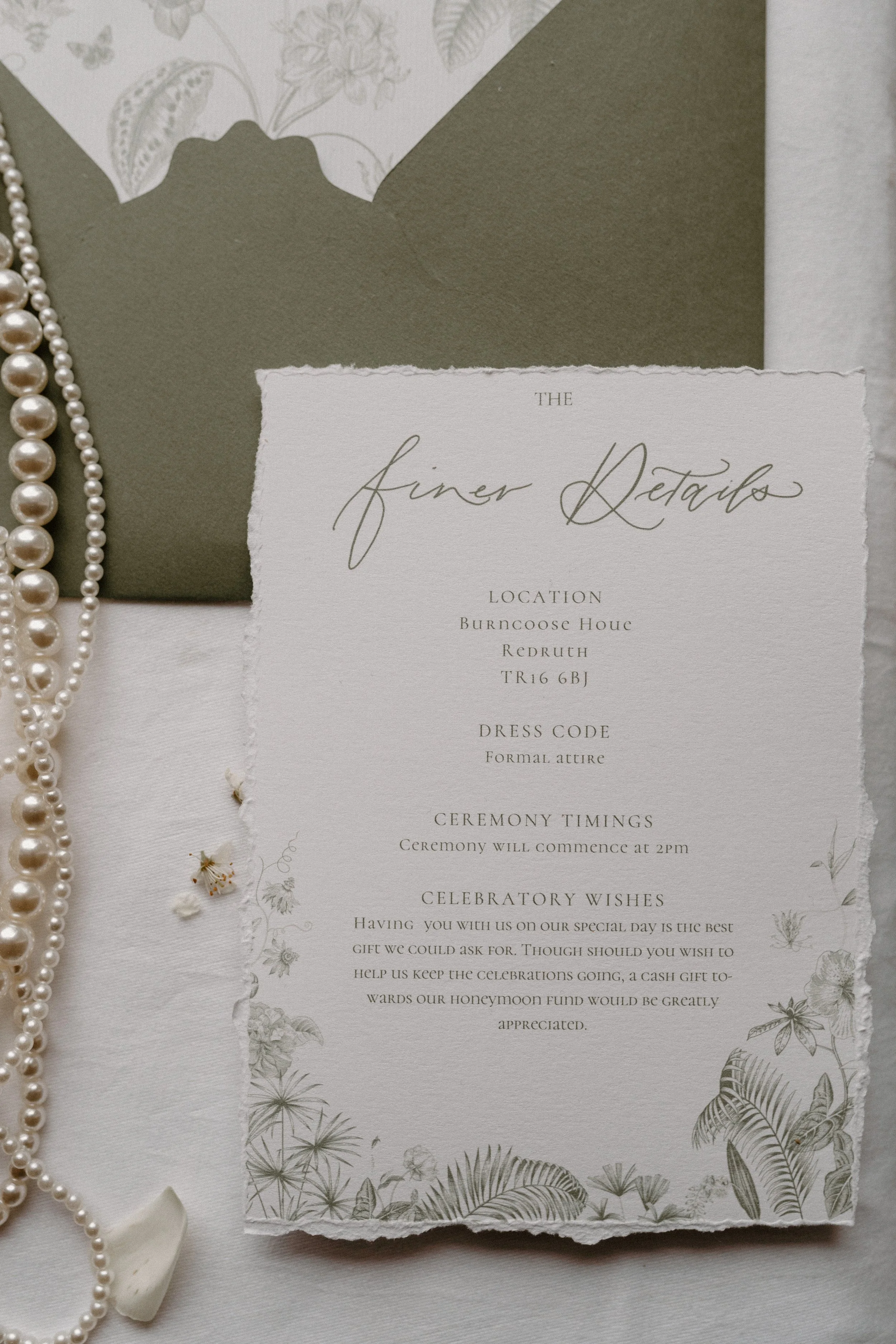 Finer details page of a semi custome suite with line floral illustrations
