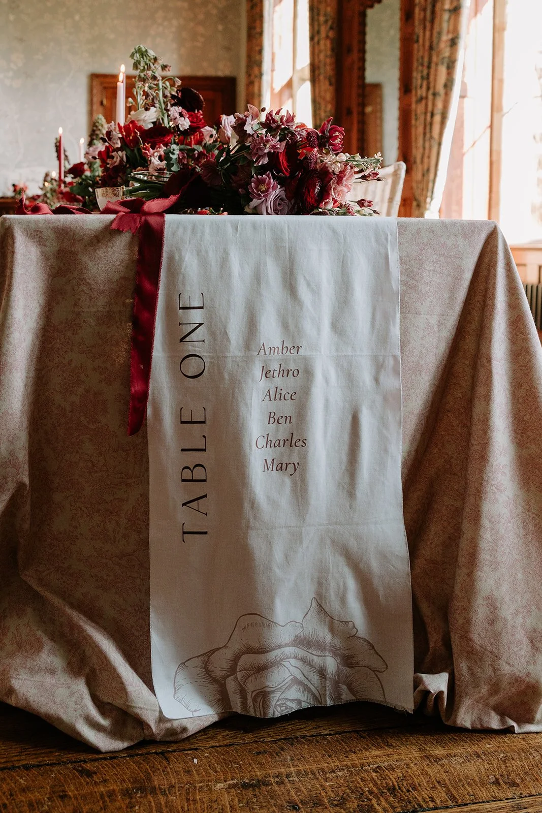 English-Rose-red-themed-wedding-fabric-table-number.jpg