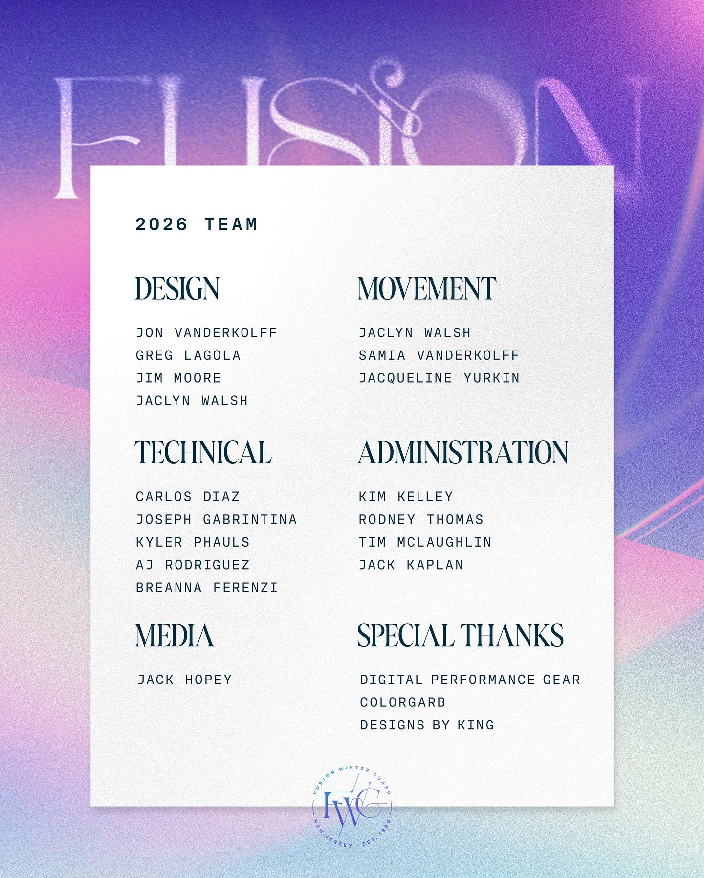 ✨ 𝟸 𝟶 𝟸 𝟼 ✨

🟪
#WGI #wgi2026 #MAIN #MidAtlanticIndoorNetwork #MAINGuards #newjersey #eastcoast #independentworld #colorguard #winterguard #dci #flag #rifle #sabre #dance #guard #fusion #fwg #fusionwg #dpg #dpgperforms #colorgarb #tmdesign