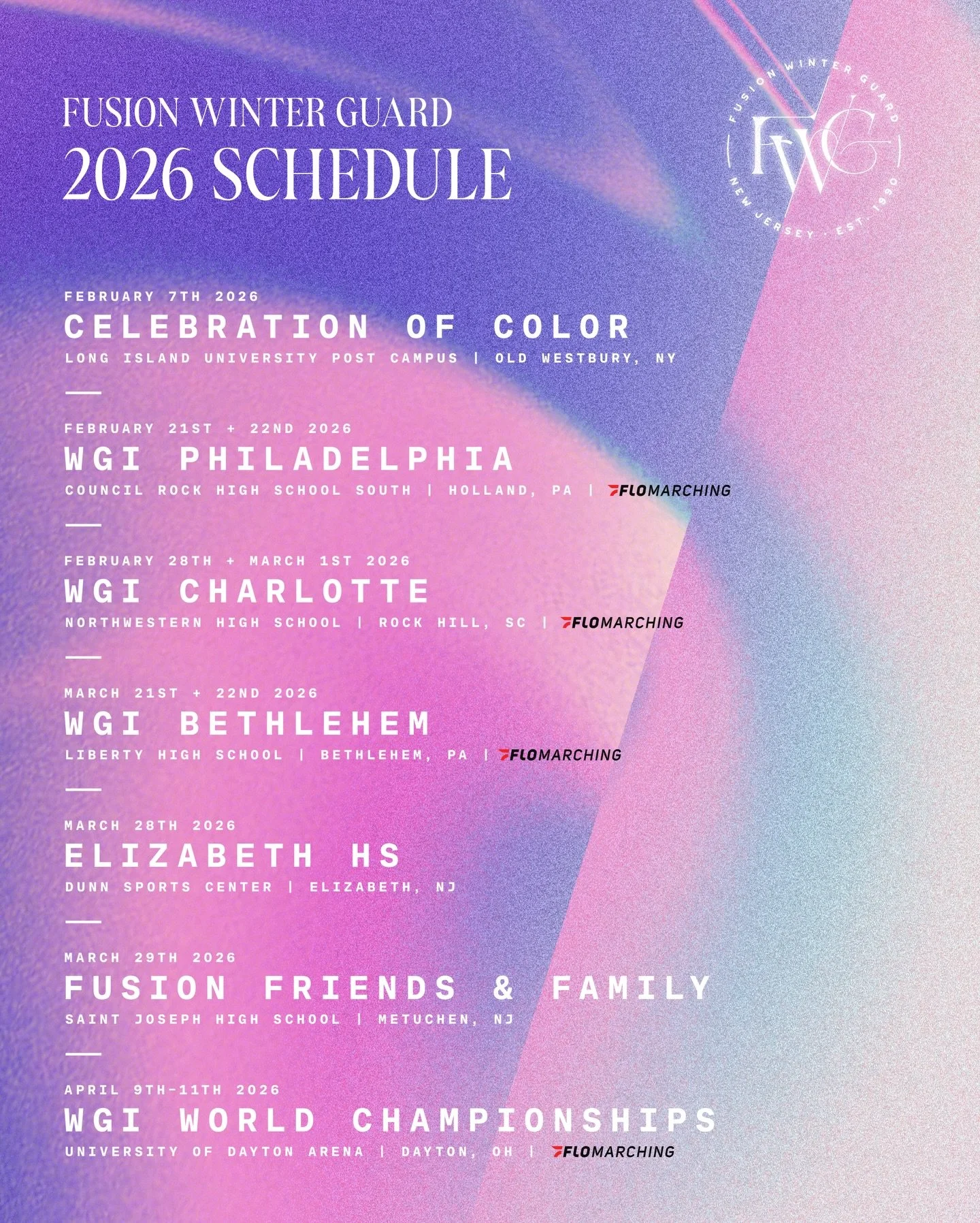 𝟸𝟶𝟸𝟼 𝚂𝙴𝙰𝚂𝙾𝙽 𝚂𝙲𝙷𝙴𝙳𝚄𝙻𝙴

🟪
#wgi2026 #MidAtlanticIndoorNetwork #DPGPerforms #ColorGarb #DesignsByKing1988