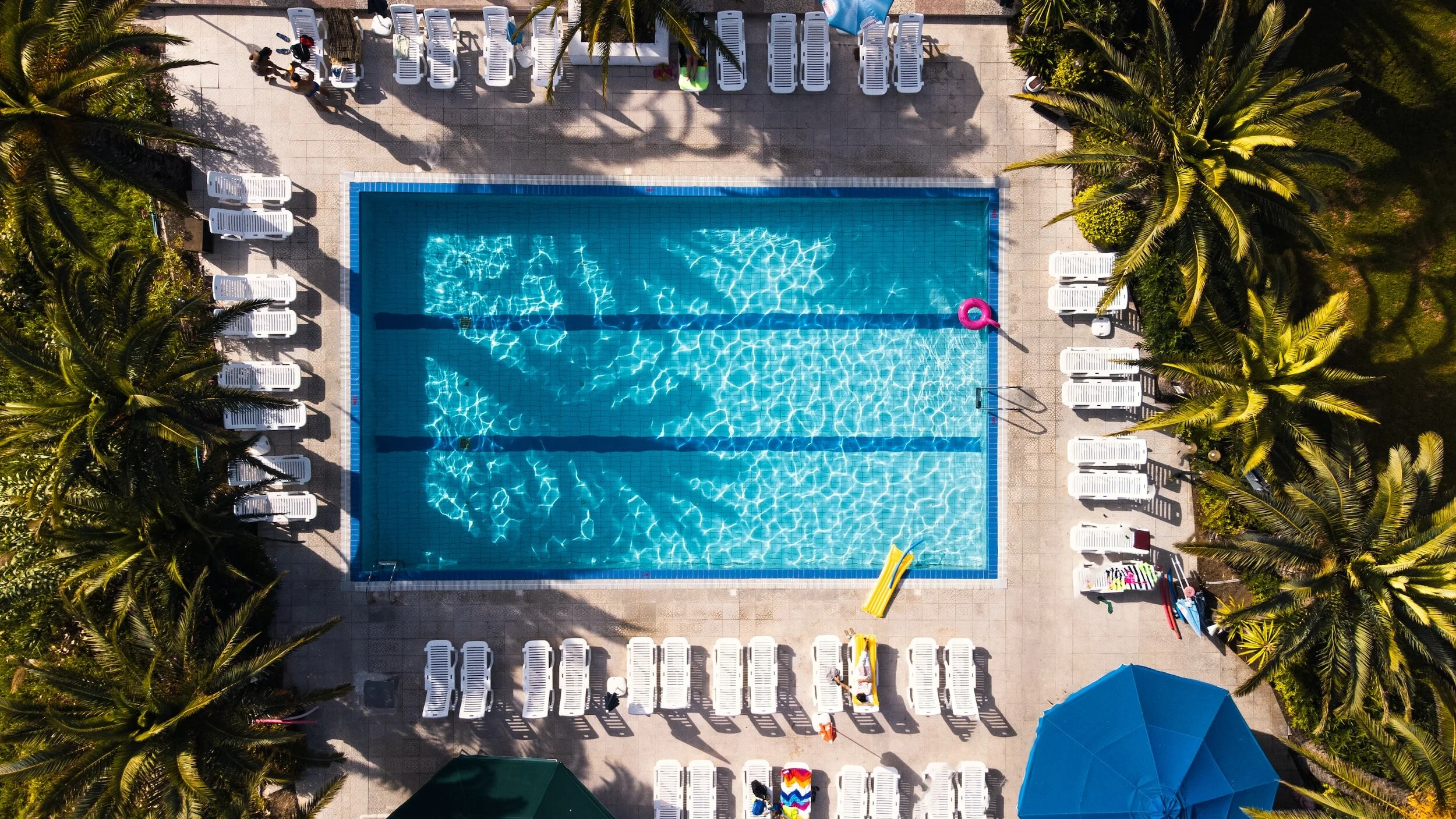 An aerial view of a swimming pool surrounded by white lounge chairs and palm trees, with shadows cast on the pool and deck.